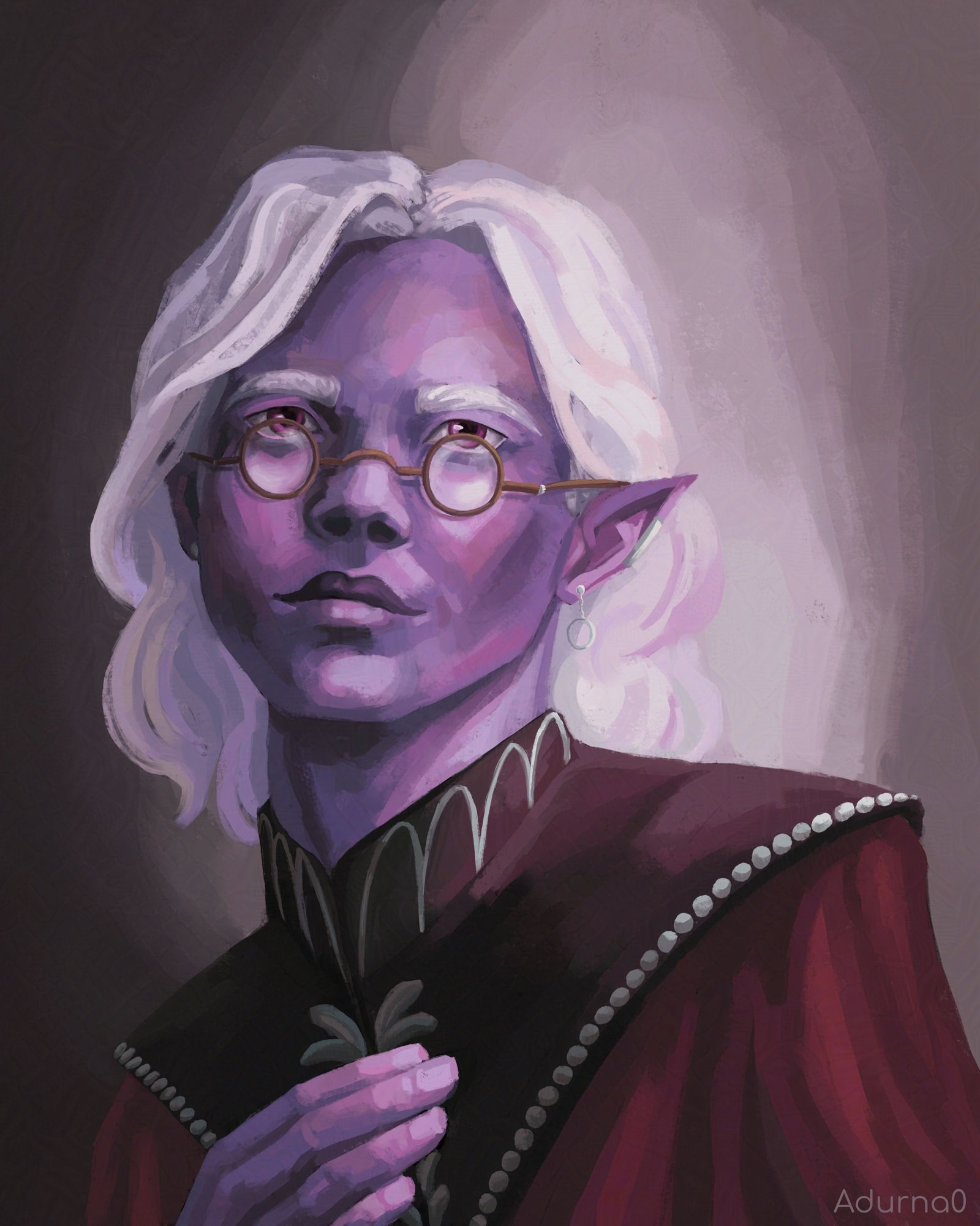 A digital portrait of Essek from Critical Role. He has long hair and is wearing glasses, an elaborate mantle and red robes.