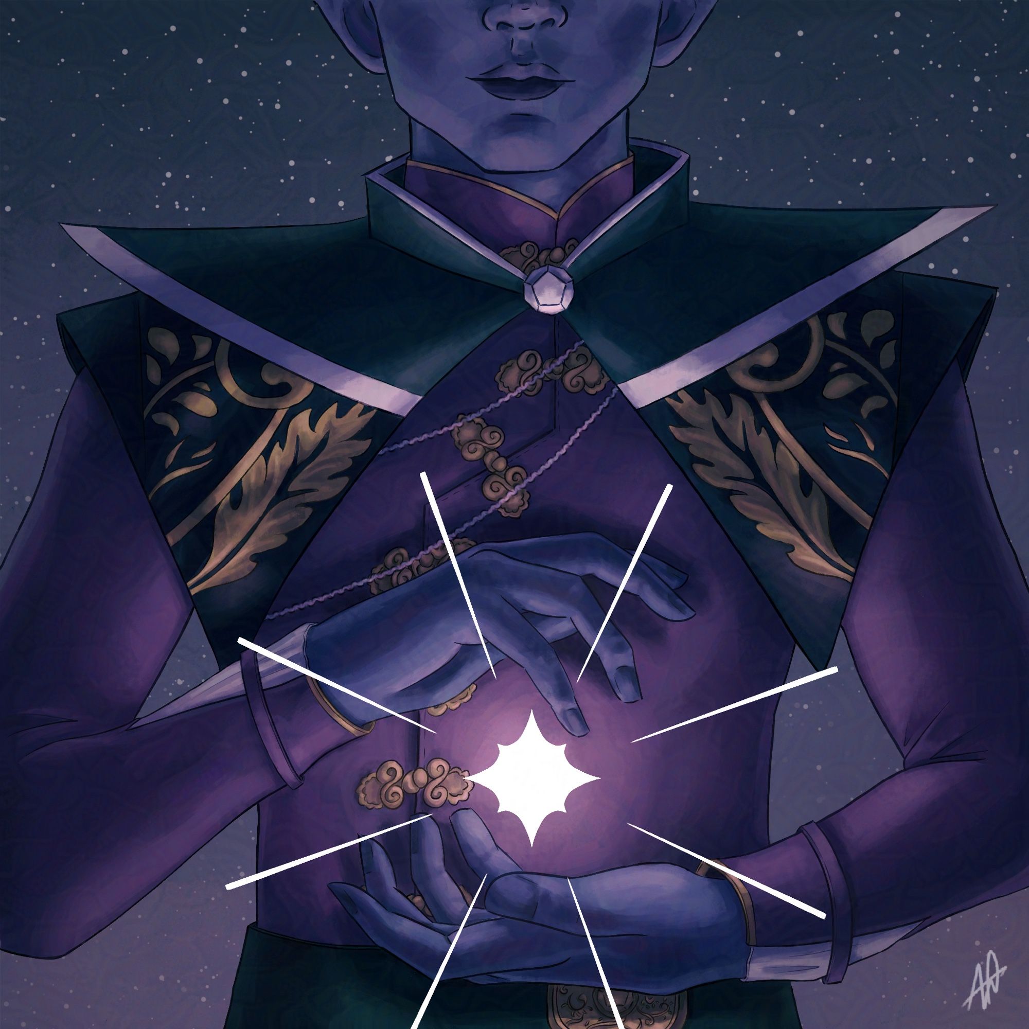 A digital drawing of Essek, a purple-skinned elf from Critical Role. He’s visible from the middle of the face to the waist, and is holding a star between his hands.