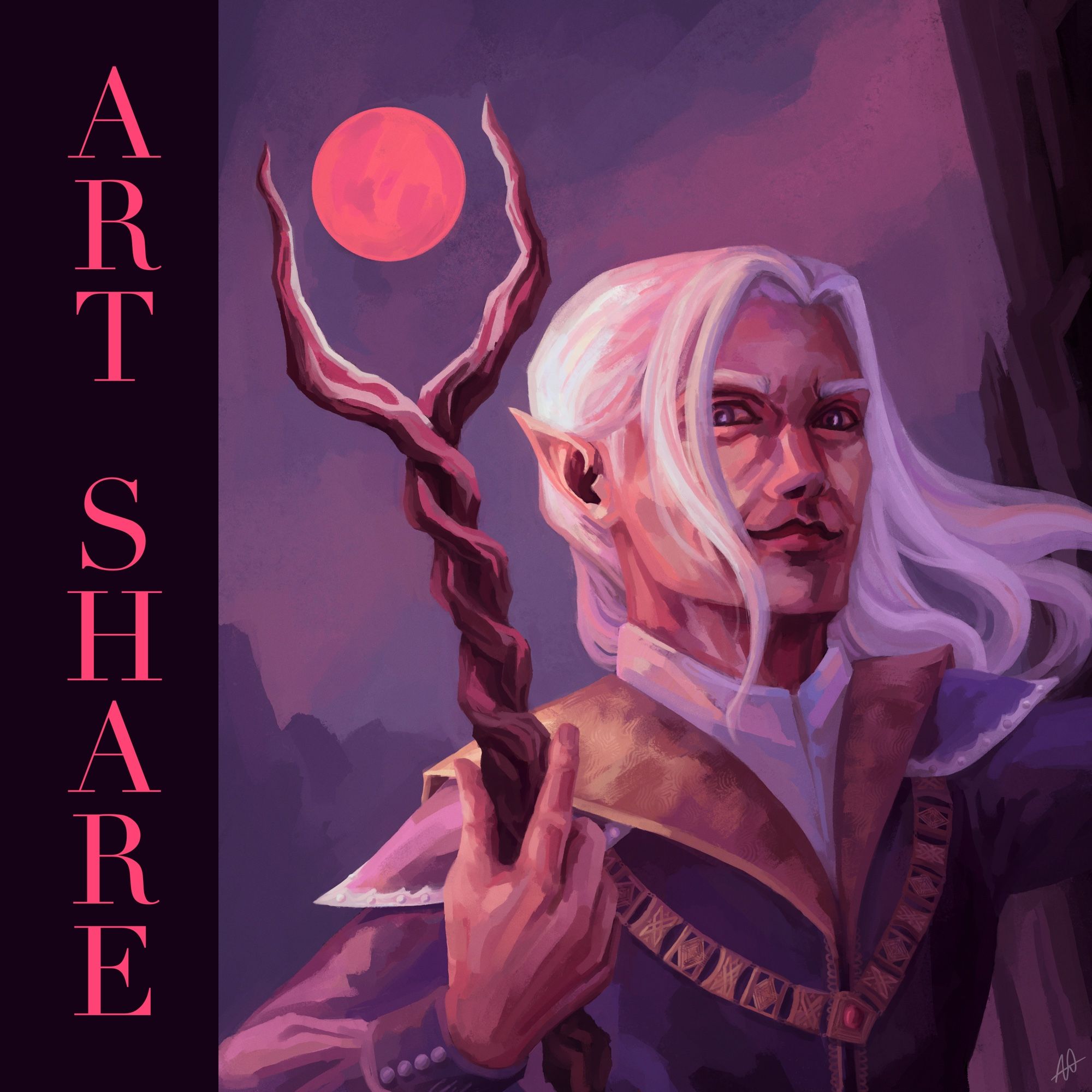 A digital painting depicting a white-haired elven man with a staff in front of a red moon. To the left of the image there is a dark purple vertical bar with pink vertical text reading “ART SHARE”.