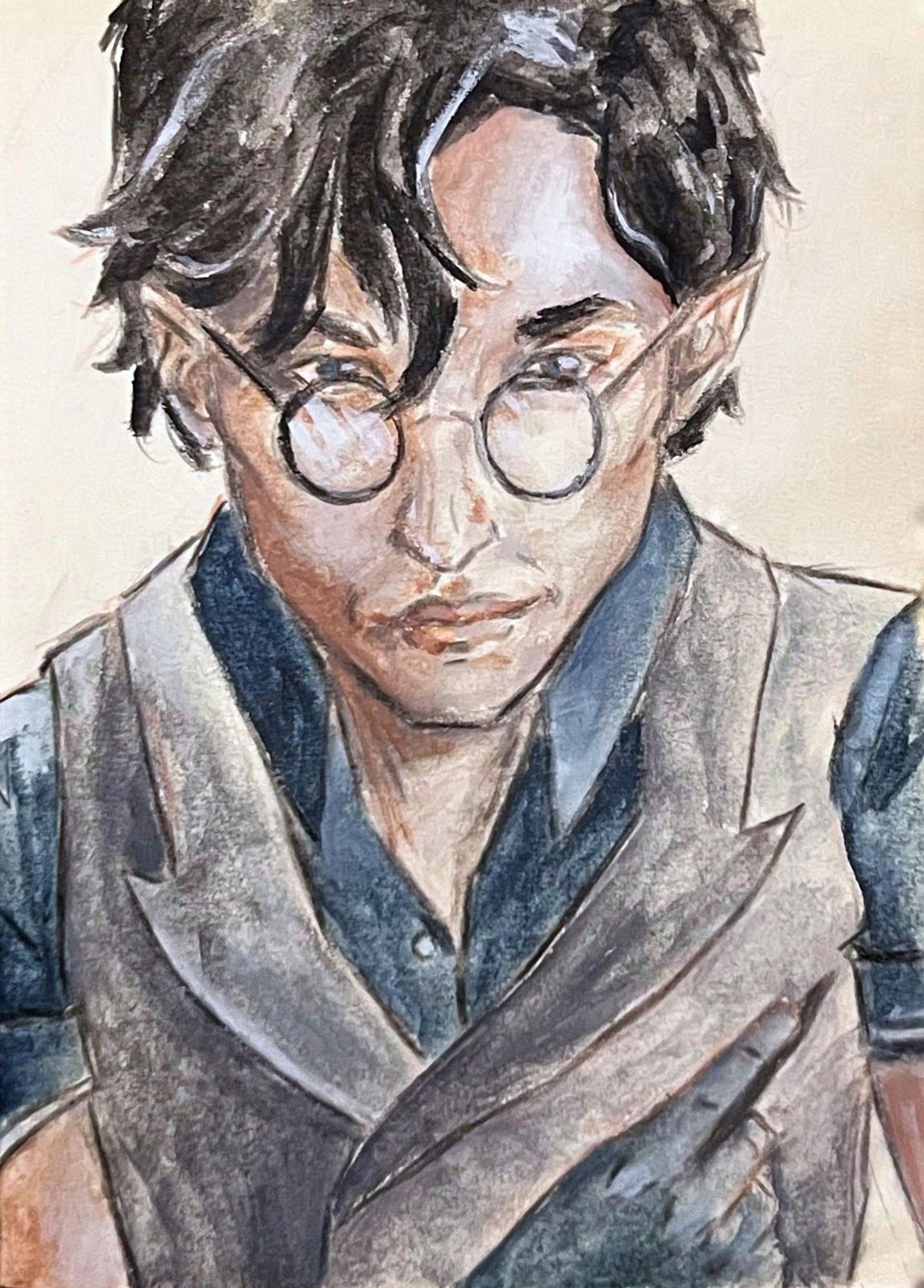 A drawing of a half-elf with black hair and glasses, holding a scalpel.