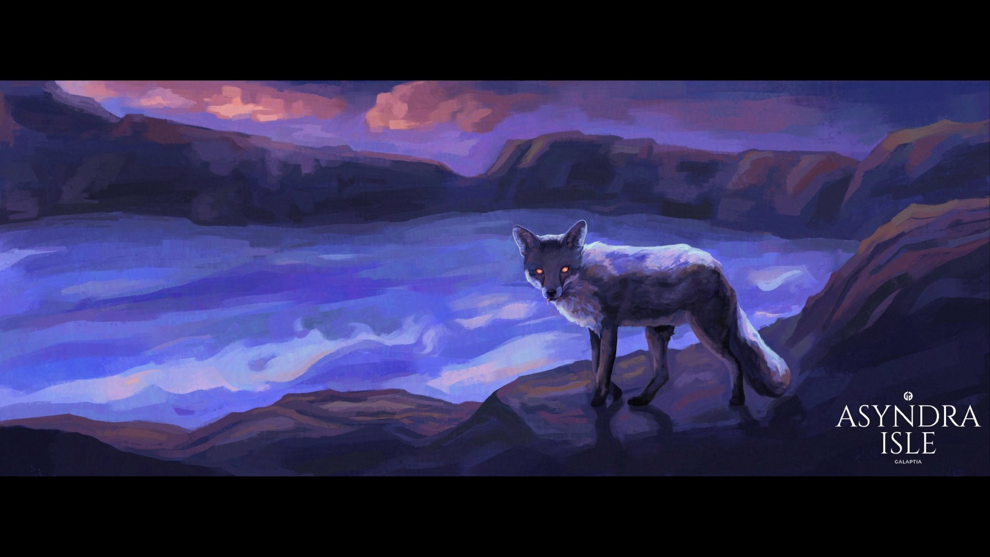 Digital painting of a fox in front of a lake of burning blue. It stalks the rocky shores, its eyes shining red and a similarly colored substance dripping from its lips. At the bottom right there is a logo that reads "ASYNDRA ISLE", with "GALAPTIA" in smaller letters.