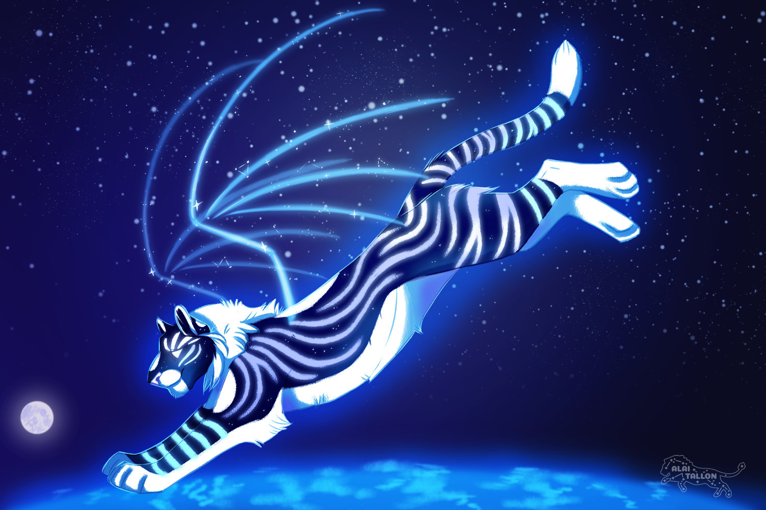 Digital art of a dark blue tiger with glowing white and blue stripes and white markings and ethereal "bat" wings flying through space over a blue planet, pale moon and stars in the background.