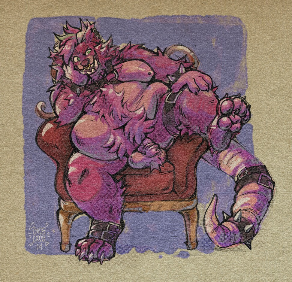 Berry sitting nude on a throne wearing a harness. His penis is flaccid and resting comfortably on his soft balls. The harness is squeezing his large chest well. His big, doughy and fuzzy belly spills over his thighs. One of his legs is resting on the arm with his foot paw facing forward. He is leaning on the other arm with his elbow, resting his head / chin on his hand. He smiles with a wide grin as he waits expectantly.