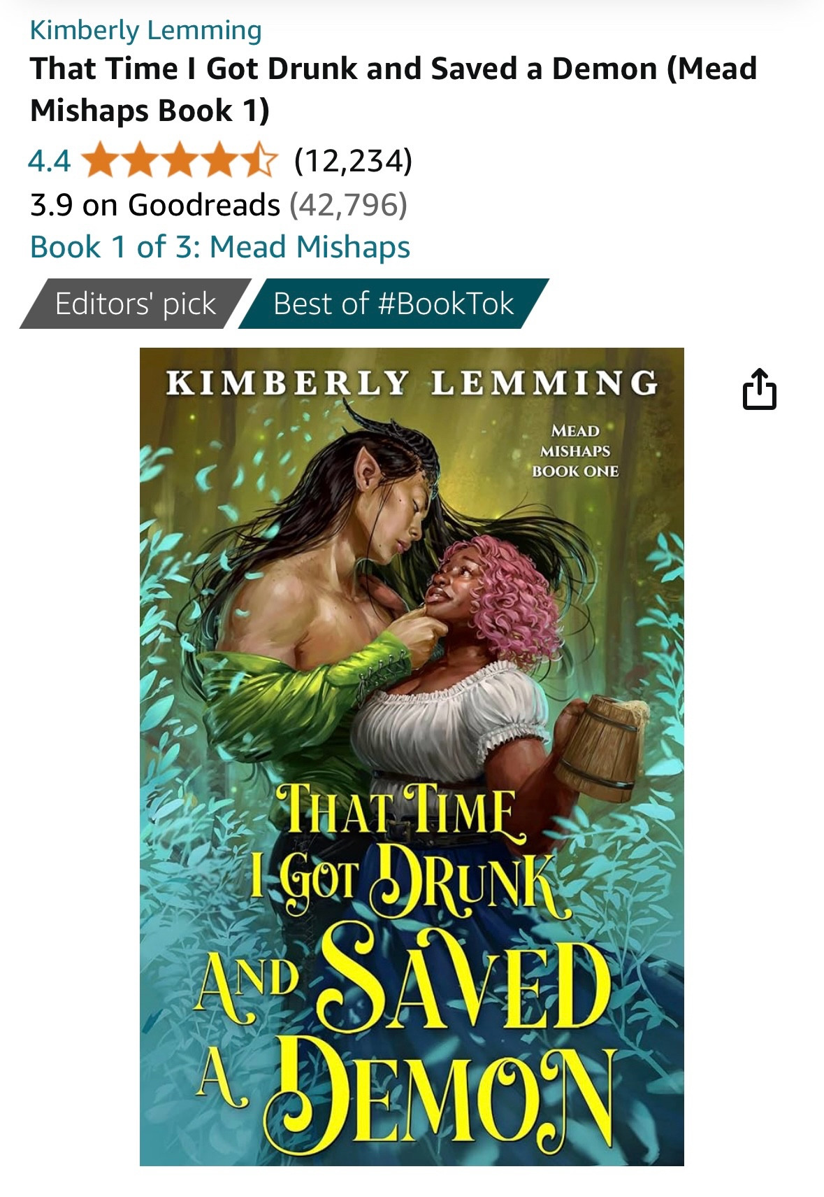 Book cover for Kimberly Lemming's "That time I got drunk and saved a demon." Shows a hetero couple: demon man and human woman. The woman's holding a mug of mead.