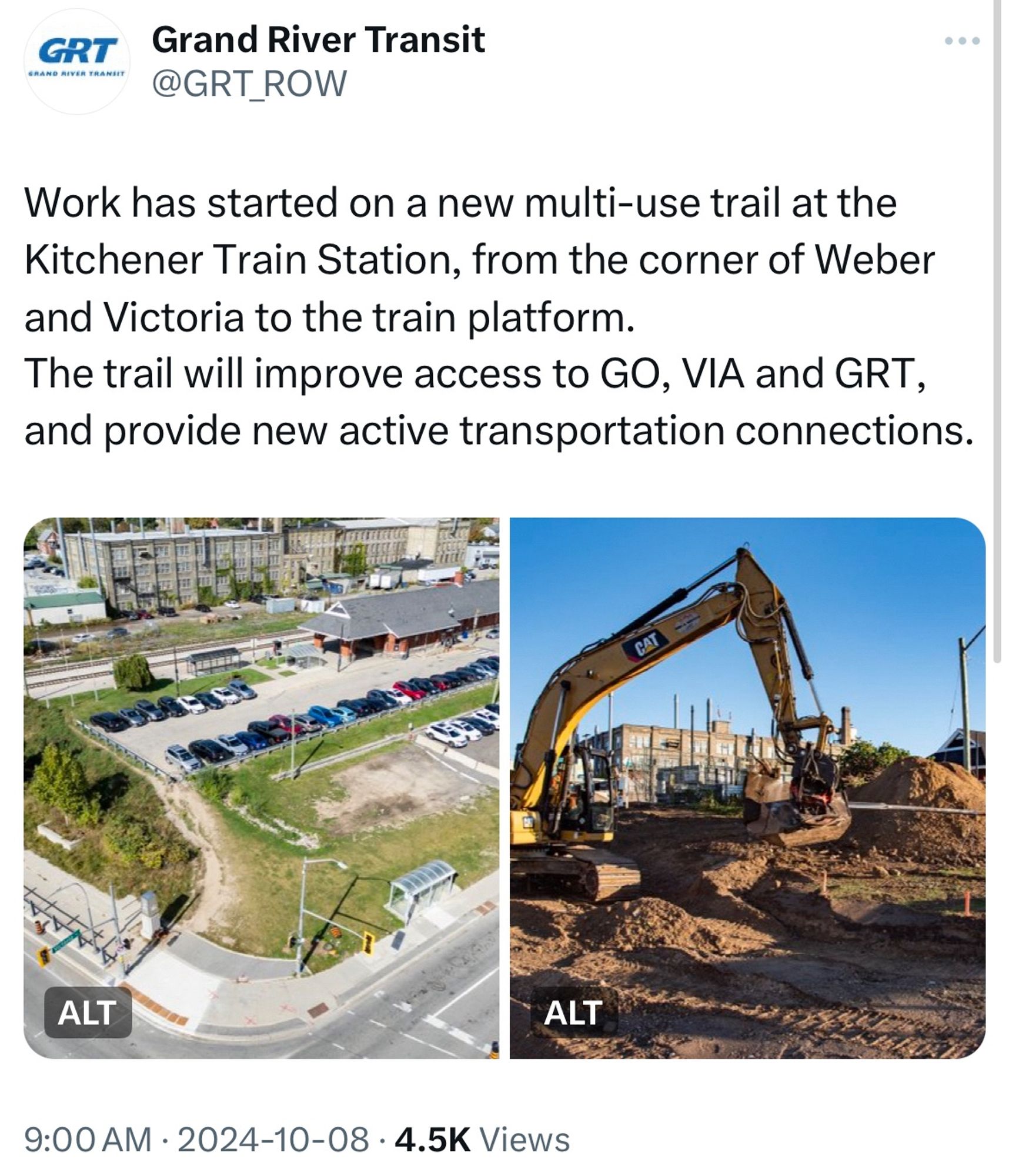 Post on X from Grand River Transit:

Work has started on a new multi-use trail at the Kitchener Train Station, from the corner of Weber and Victoria to the train platform. 
The trail will improve access to GO, VIA and GRT, and provide new active transportation connections.

Image: Aerial view of the Kitchener Train Station.

Image: Excavator on site building the trail at the Kitchener Train Station.