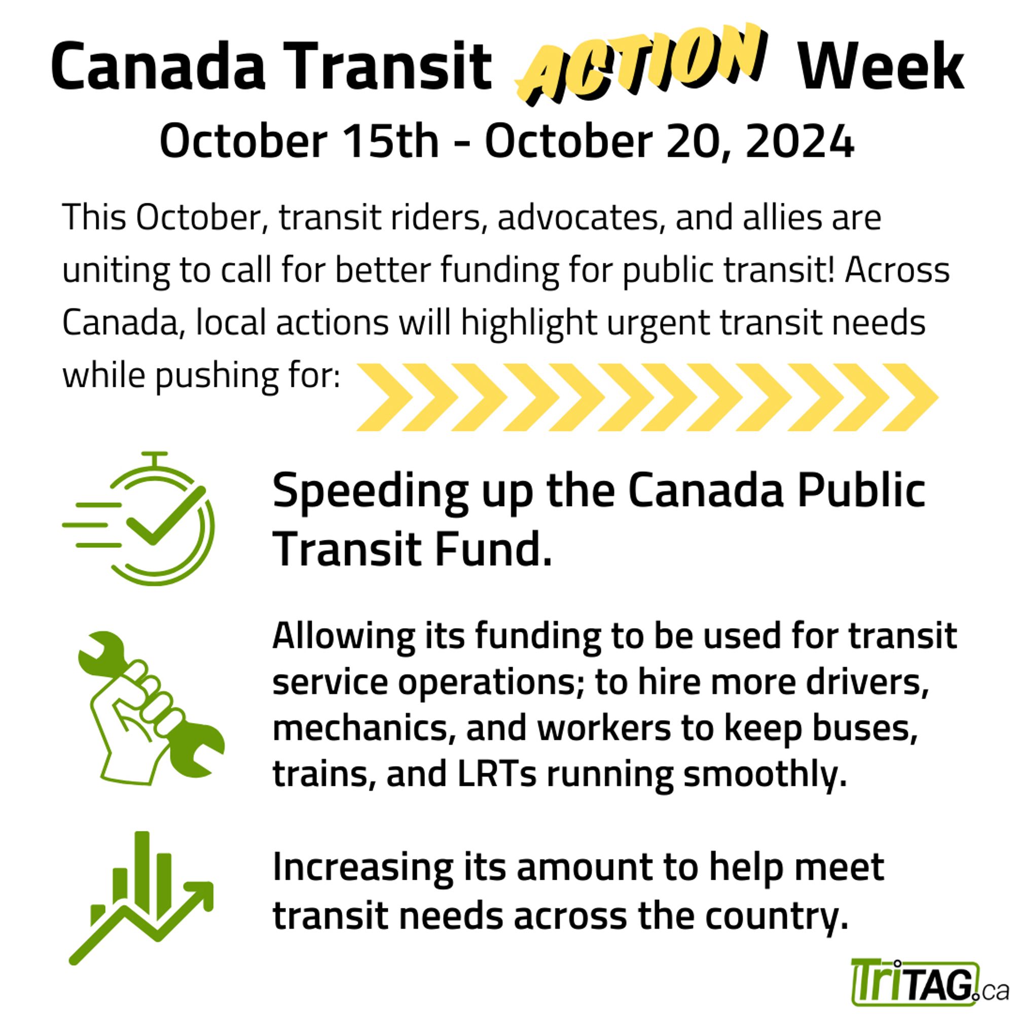 Canada Transit Action Week. 
October 15th - October 20, 2024. 
This October, transit riders, advocates, and allies are uniting to call for better funding for public transit! Across Canada, local actions will highlight urgent transit needs while pushing for: 
Speeding up the Canada Public Transit Fund.
Allowing its funding to be used for transit  service operations; to hire more drivers, mechanics, and workers to keep buses, trains, and LRTs running smoothly.
Increasing its amount to help meet transit needs across the country.
TriTAG.ca logo