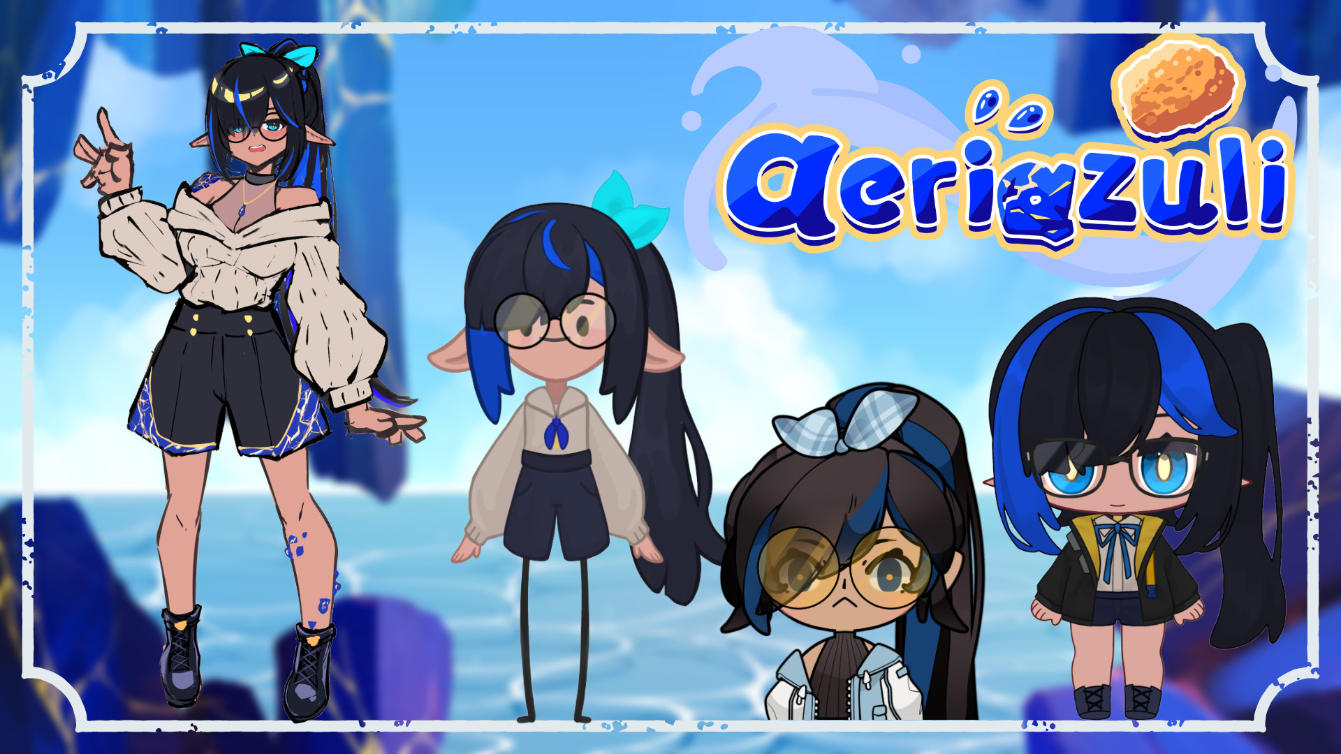 This is a compilation of aeriazuli's pngs. They are derived from the same idea: an average height female with droopy elf-like ears who wears a comfortable sweater, shorts, and combat boots; she has glasses and puts her black hair with blue highlights in a ponytail  with a bow. 