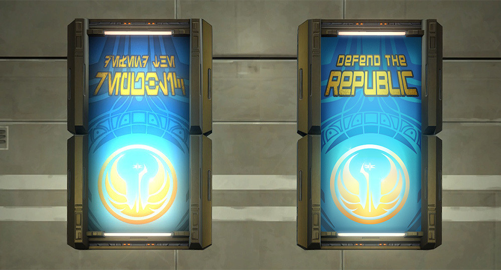 An Aurebesh text sign from Star Wars: The Old Republic reading "Defend the Republic" and featuring the starbird logo of the Old Republic alongside my English language recreation of the sign.