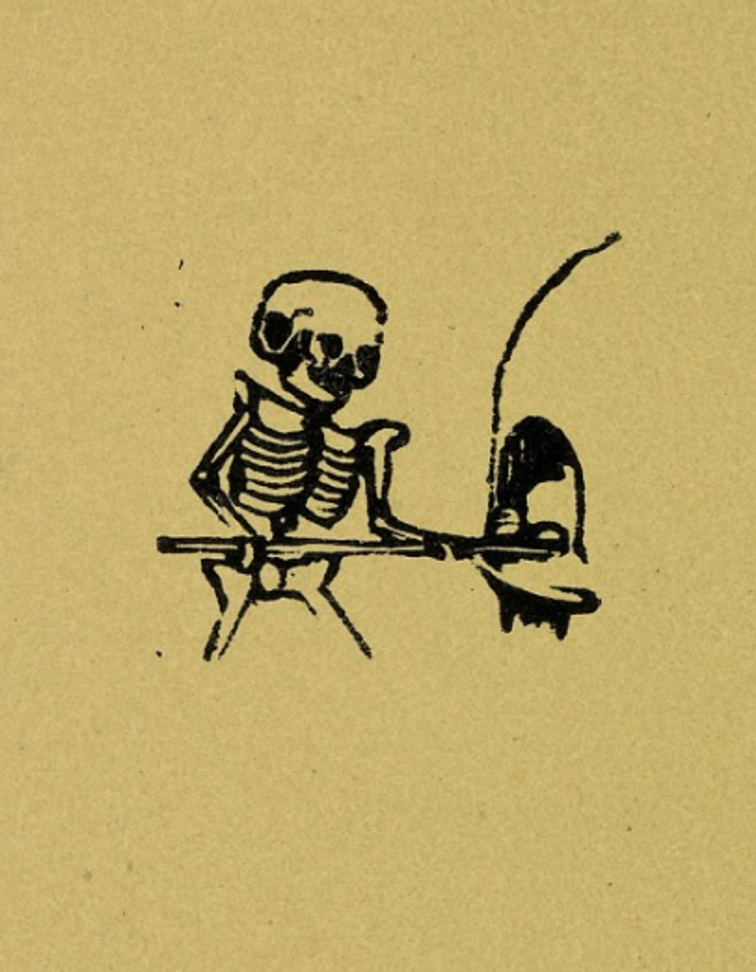 a wood-cut of a skeleton loading bread into a domed bread oven, by José Guadalupe Posada