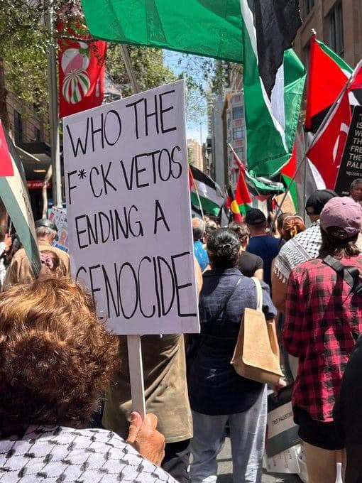 A passionate crowd protesting carrying a sign that reads 'Who the fuck vetos ending a genocide'.