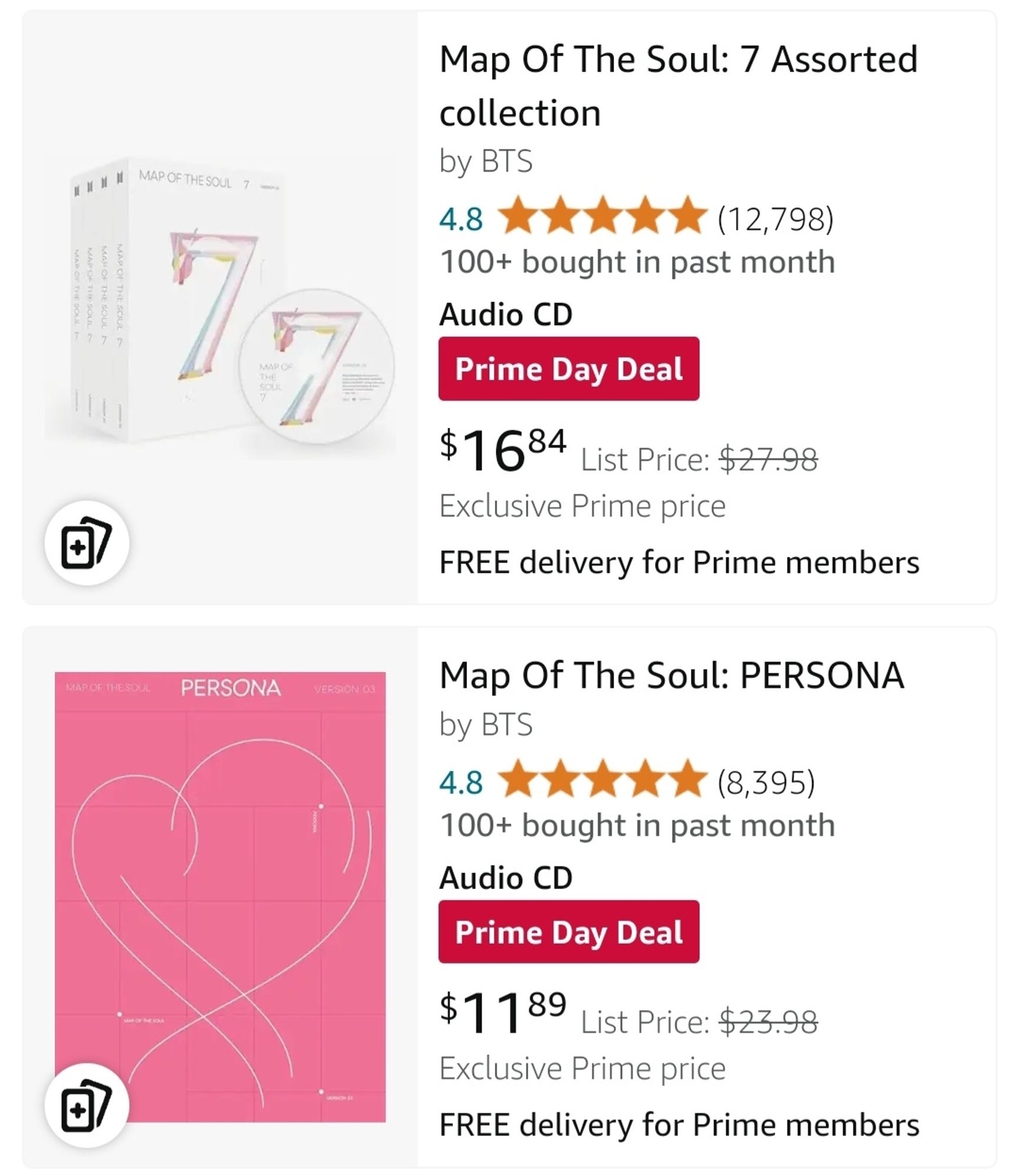 Screenshot of an Amazon search that says map of the soul 7 assorted collection is $16.84. Map of the Soul persona is 11.89