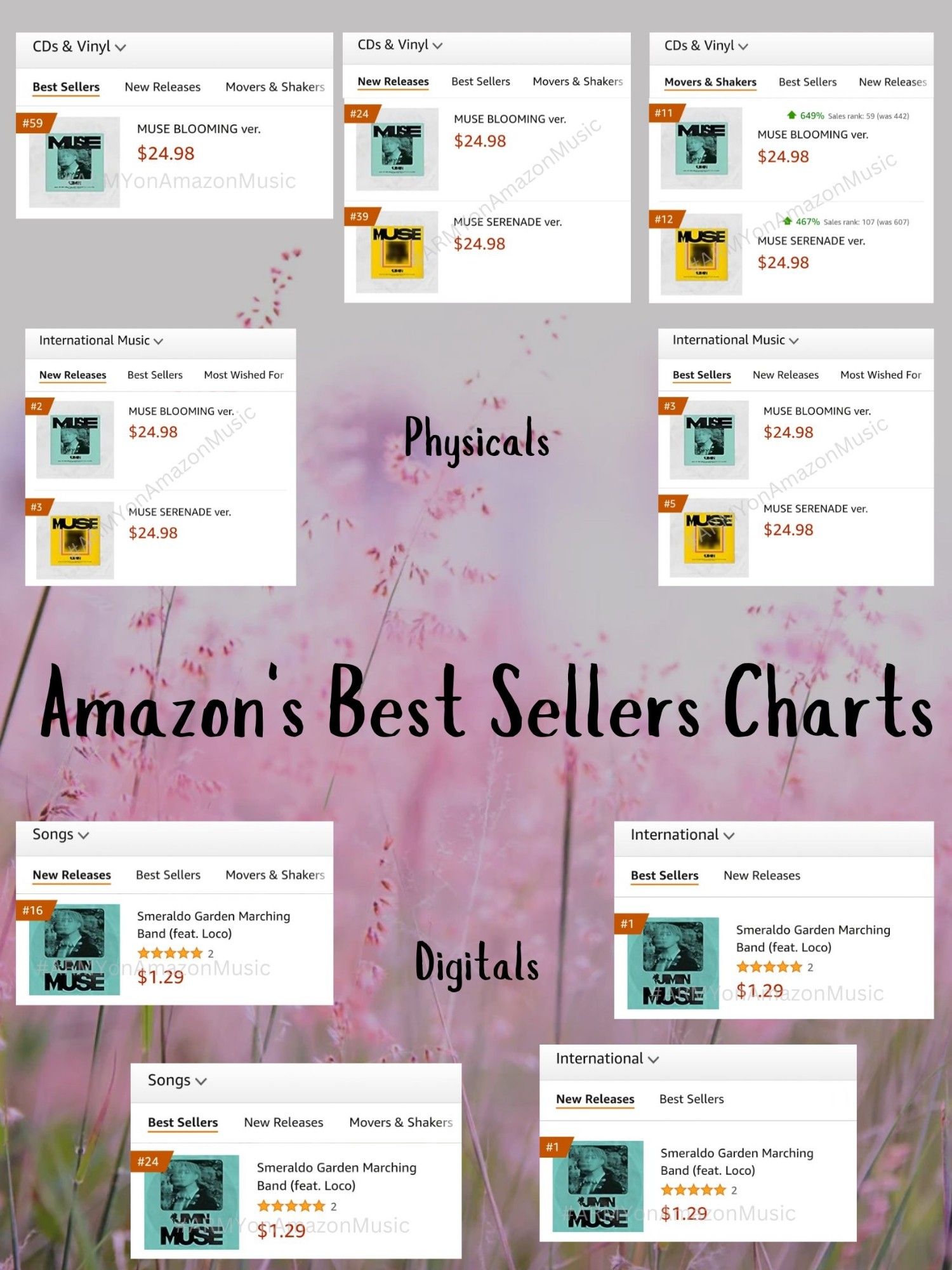 Screenshots of both versions of Muse and Smeraldo Garden Marching Band placements on Amazon's Best Sellers Charts. The background is a photo of a wildflower field that kind of looks like one of the fields Namjoon walked through in his Wildflower music video