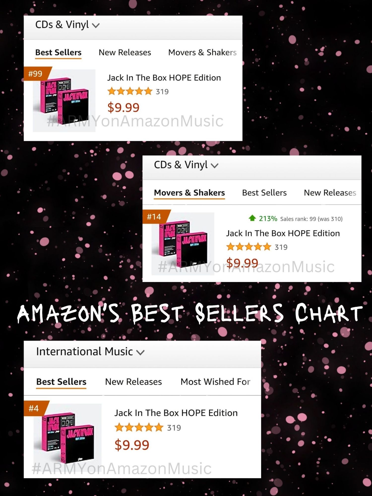 Black background with pink splatter. Screenshots of Jack in the Box HOPE Edition and it's placements on various Amazon Best Sellers Charts