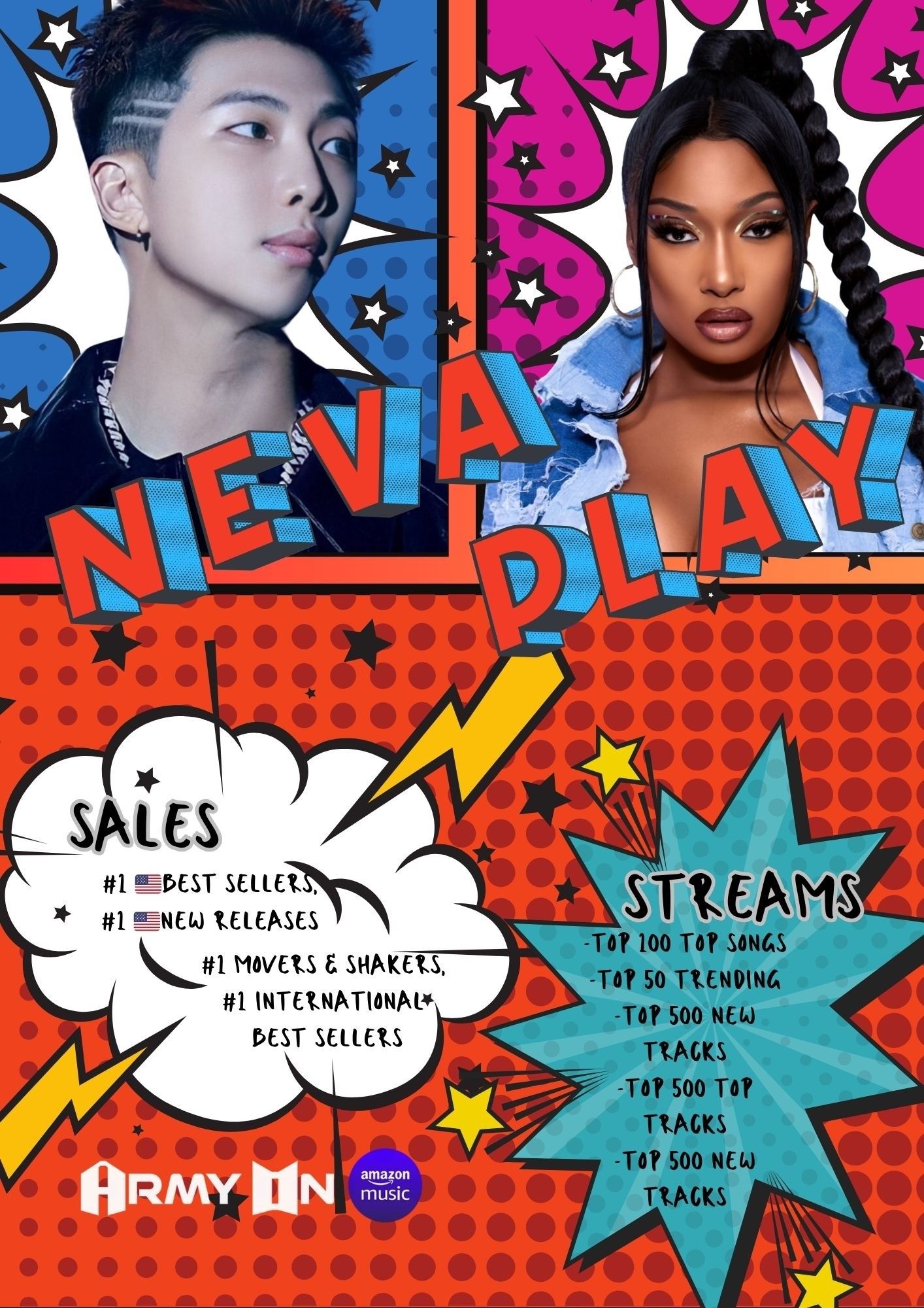 Promo poster for the ARMYON Amazon Music goals for Megan thee Stallion and RM of BTS new song called Neva Play. It has a comic book theme with goals for sales and streaming numbers on Amazon And Amazon Music