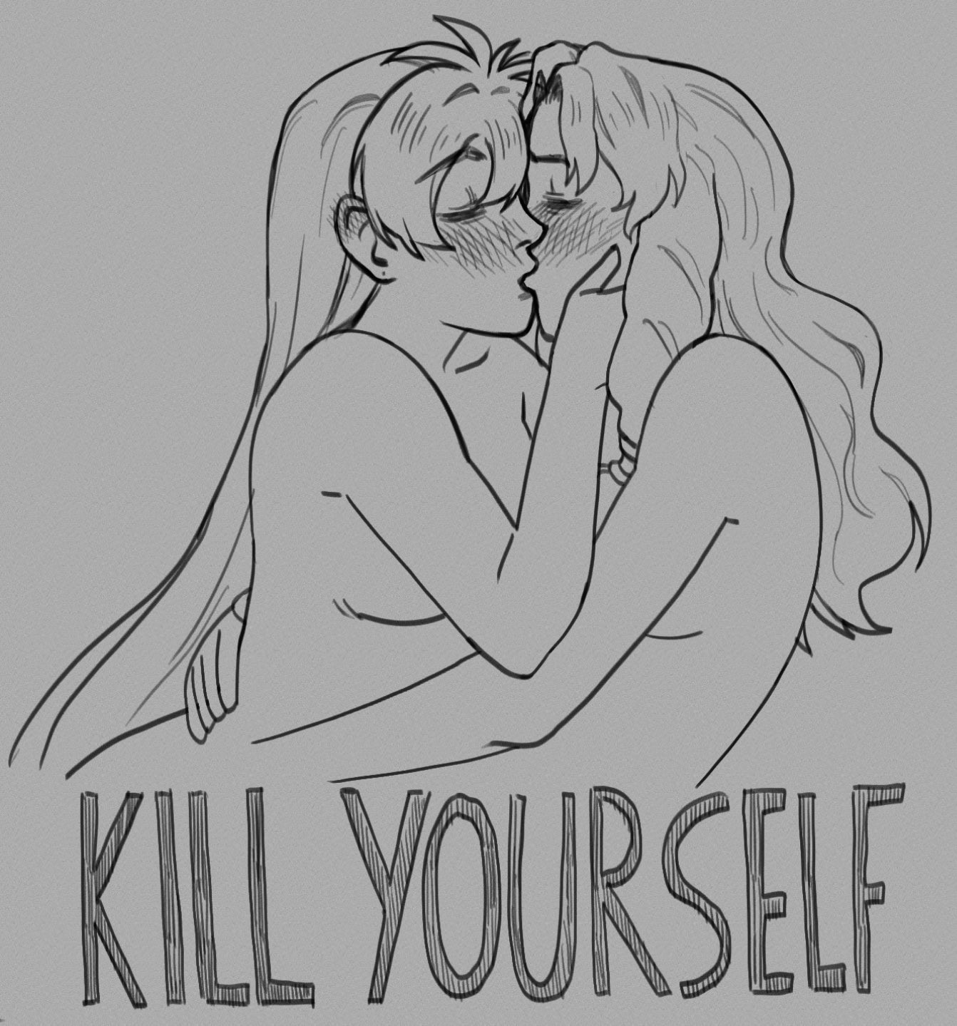 Sketch of Florina and Lyn from Fire Emblem 7 kissing. “Kill Yourself” is written beneath them.