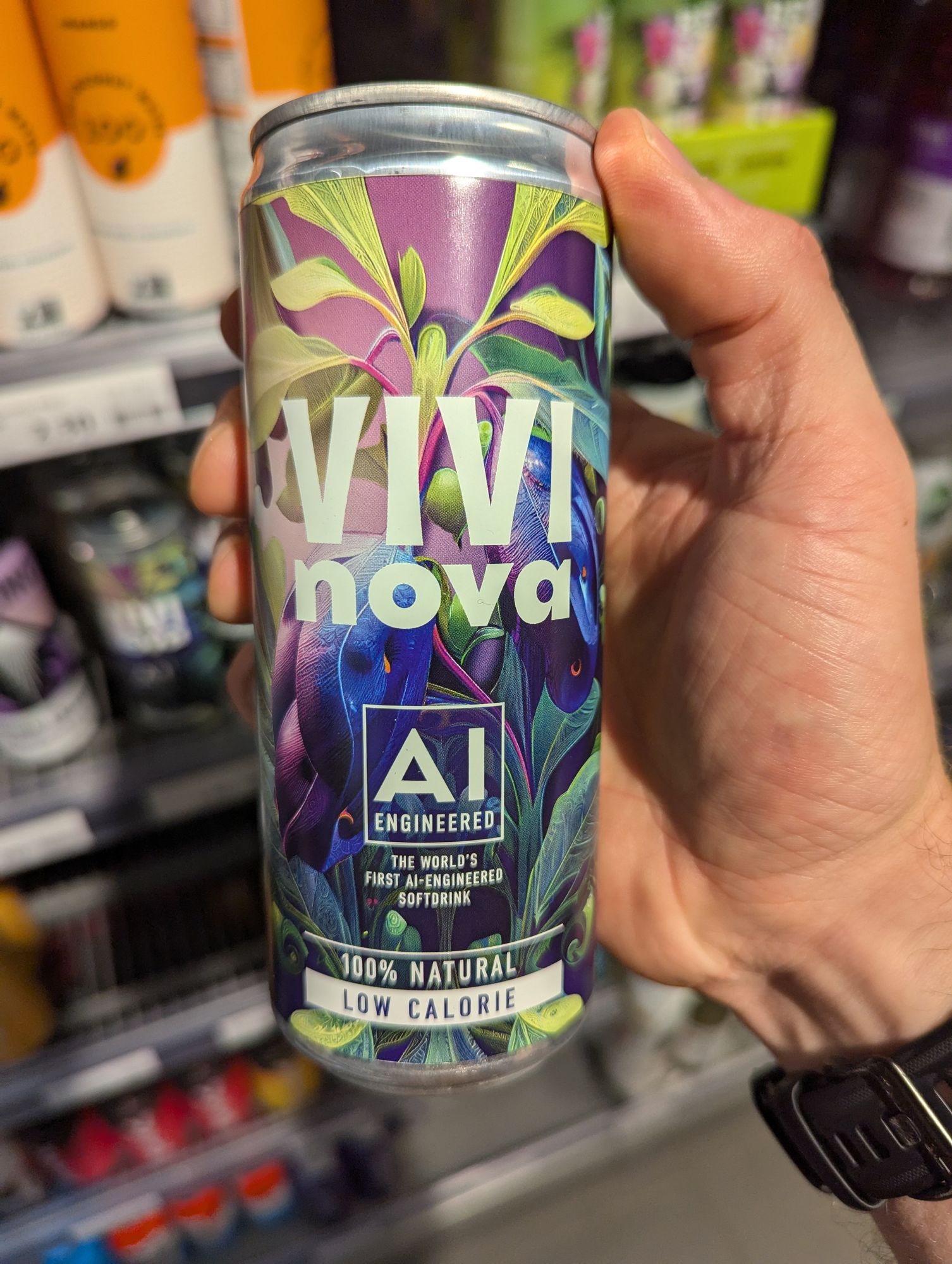 A very colorful can, which claims that the drink it contains was "AI Engineered"