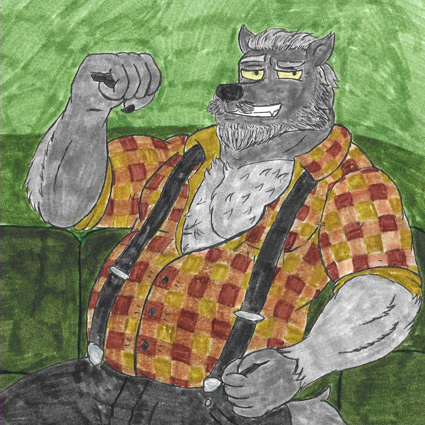 Boomer, a large anthro wolf, wearing black pants, suspenders, and a partly unbuttoned flannel shirt, smiling and casually flexing at the viewer