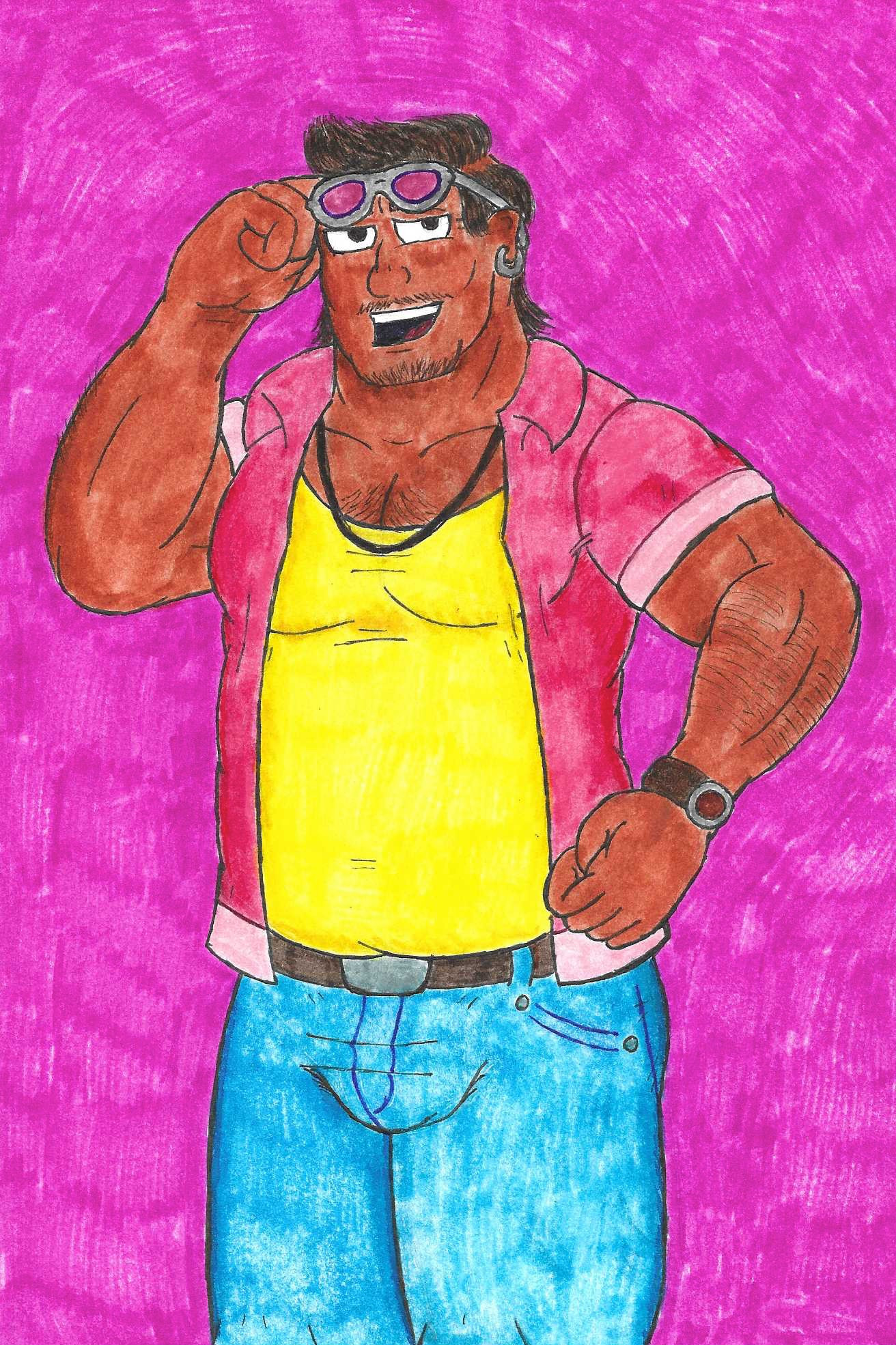 George in a yellow tanktop layered under a pink button-down with light blue jeans and glasses with pink-tinted lenses