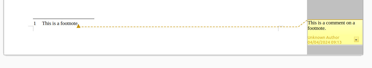 Screenshot from LibreOffice 7.6.5.2 (Ubuntu 23.10) showing a footnote ("1. This is a footnote") and a marginal comment ("This is a comment on a footnote").