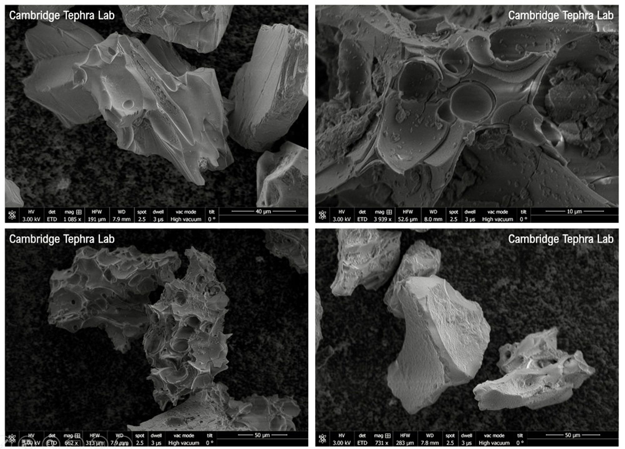 A four panel picture of SEM images of volcanic glass particles. They all have shapes defined by bubble-relics, bubble walls or lots of small bubbles (“vesicles”) held together by smooth-surfaced, sharp-edged amorphous glass.