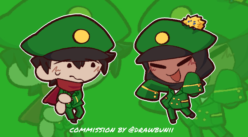 Two characters in green Depot Agent uniforms from Gear Station from Pokemon Black and White. They're drawn in a cute and simplified chibi-like style. The character on the left's name is Scout, he wears a red scarf and has a shy and or nervous expression. His left hand is up against his right wrist. The character on the right's name is Pagi, she has a much more happy and silly expression and her pose reflects that as well with her arms held up. She has oversized sleeves that cover her hands, and a small yellow bug Pokemon called a "Joltik" resting atop her uniform hat.