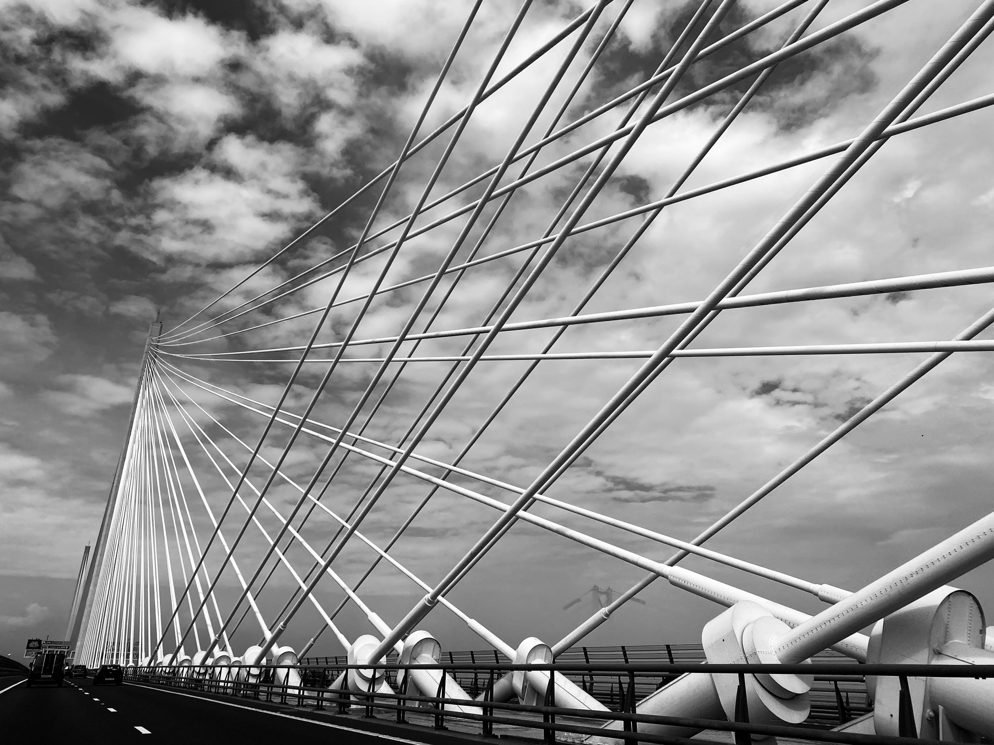 Black and white photo of the road bridge Queensferry Crossing in Scotland, showing its striking cable-stayed design with angled suspension cables against a cloudy sky