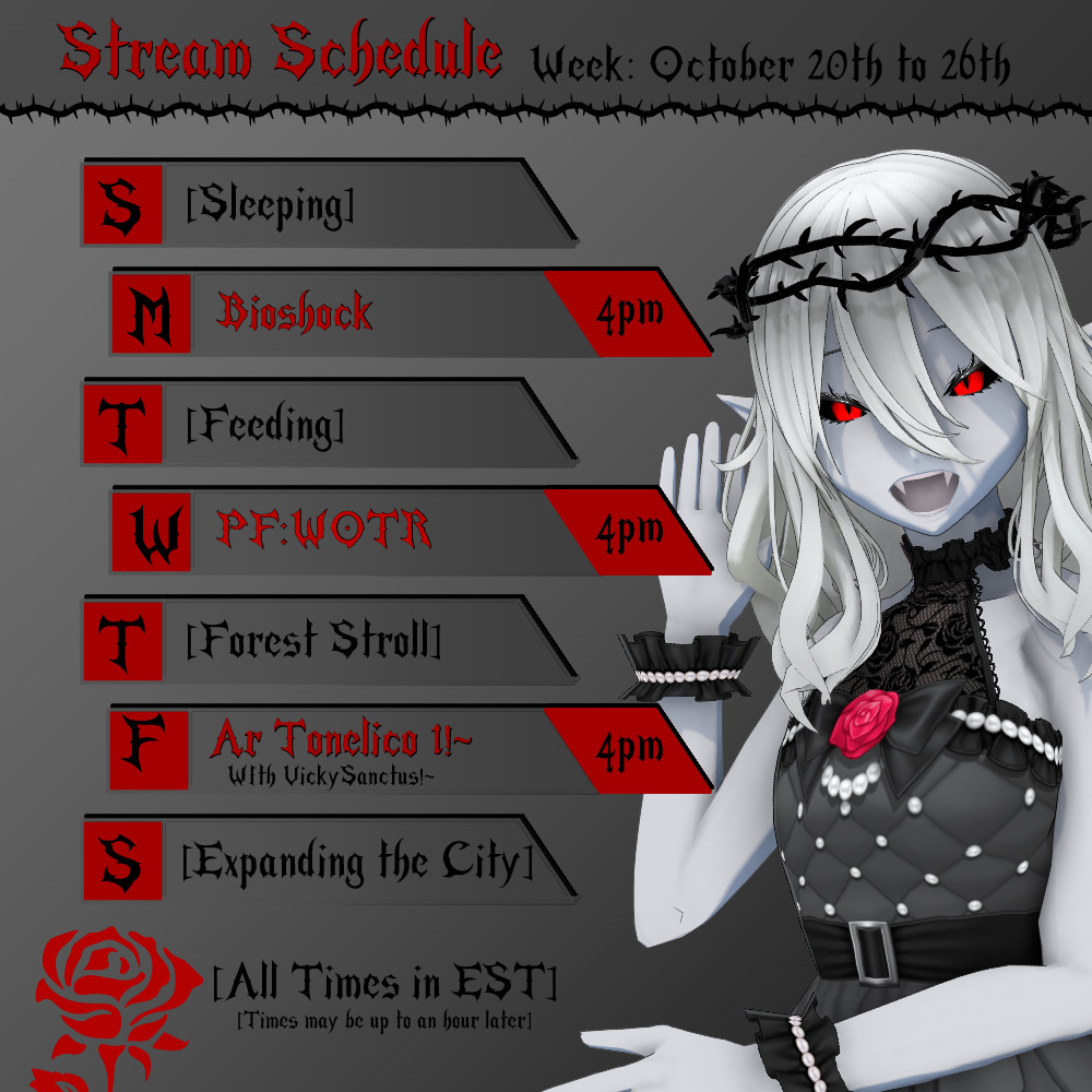 Annalise's schedule for the week of October 20th to October 26th. On Monday at 4pm EST she is playing Bioshock. On Wednesday at 4pm EST she is playing Pathfinder: Wrath of the Righteous. On Friday at 4pm EST she is playing Ar Tonelico: Melody of Elemia with VickySanctus.