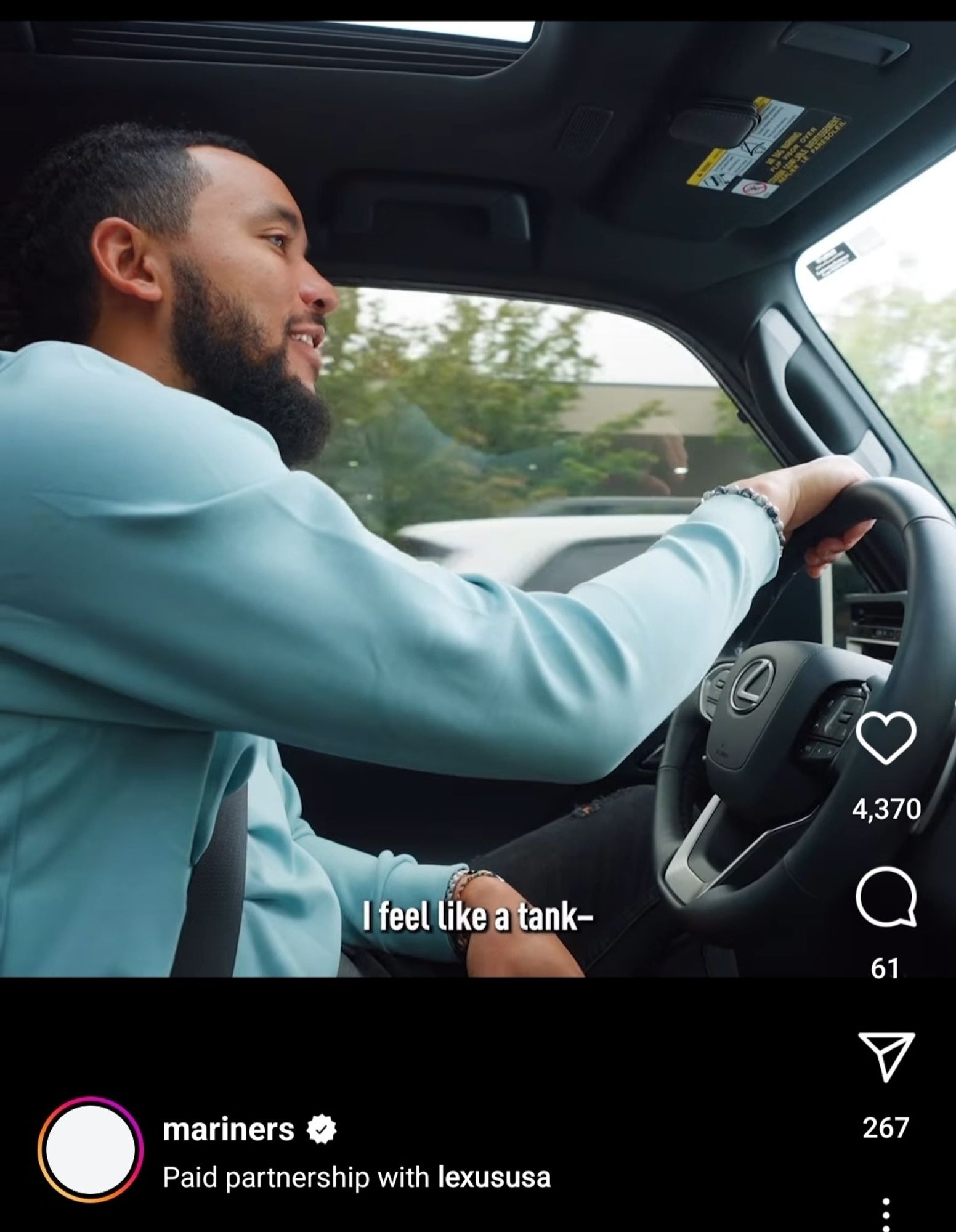 A screenshot from Instagram showing J. P. Crawford driving a Lexus. He is smiling and the text shoes he is saying I feel like a tank.