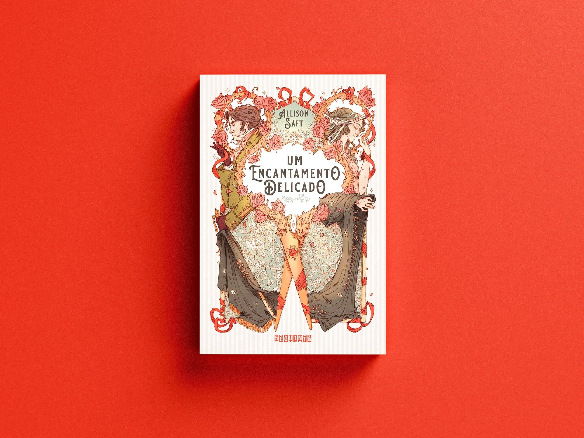 Mockup de livro com a capa de "Um encantamento delicado", de Allison Saft.