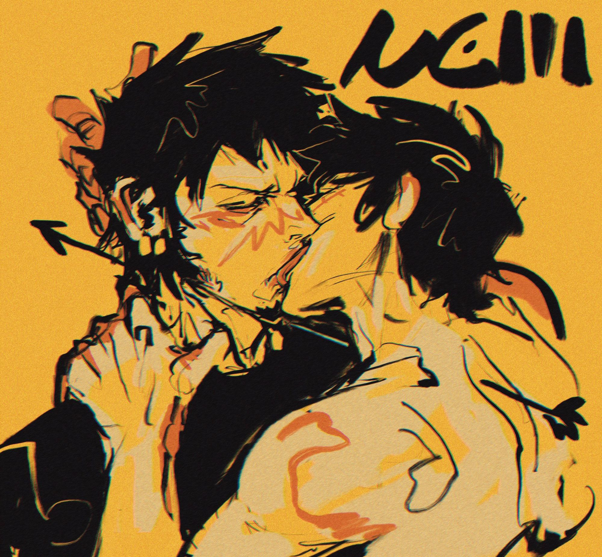 Law and Luffy drawn with messy brushstrokes. Luffy is liking over Law's mouth and grabbing the back of his head, while Law looks reluctant, blushing.