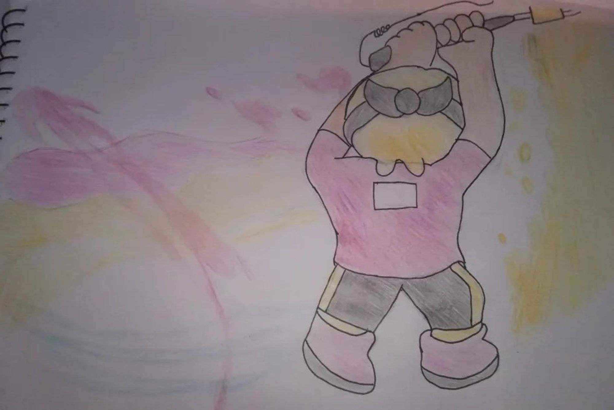 a octoling from splatoon, performing a upward slash with a splatana wiper, followed by paint stains