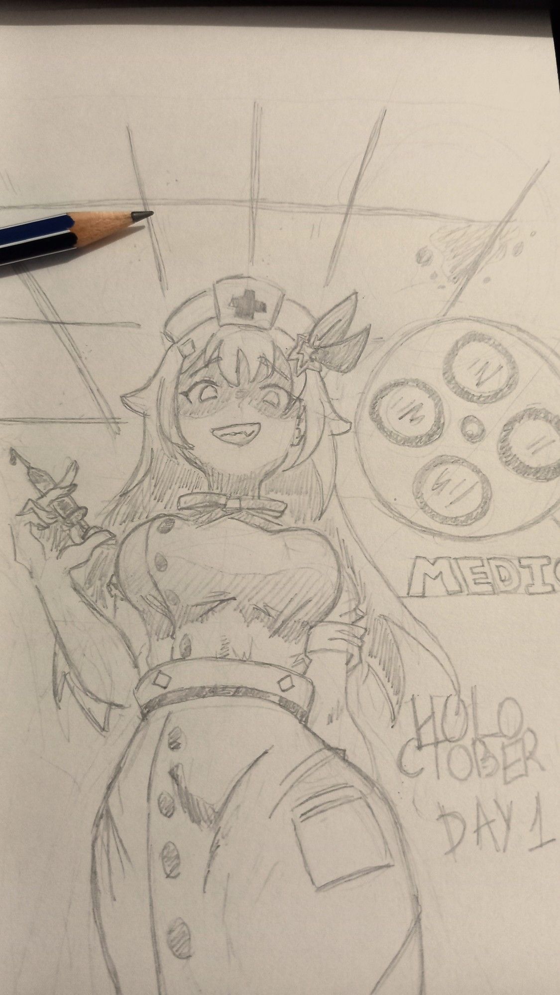 Tokino Sora from Hololive dressed as a doctor. Holding a sryinge while looking down at the viewer with a crazy expression.