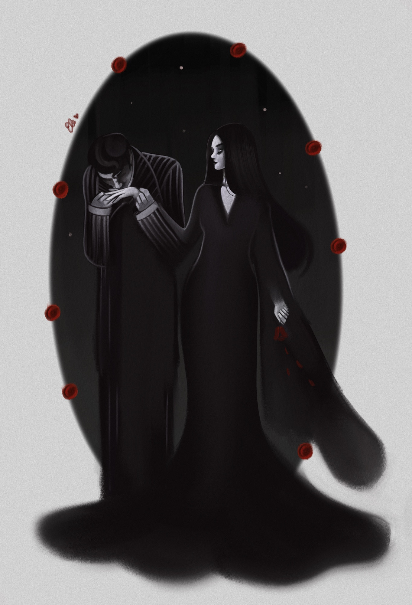 Digital fan art of Gomez and Morticia Addams. Gomez, dressed in a black striped suit, is gently kissing Morticia's hand, showing deep affection. Morticia, in a long, flowing black gown, looks elegantly calm, her black hair cascading down her back. The background is dark with subtle stars, framed in an oval shape adorned with small red roses. The overall color palette is monochromatic with highlights of red, giving the artwork a gothic and romantic feel.