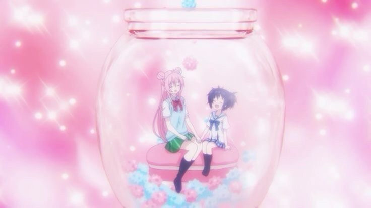 satou and shio sitting in a jar together with konpeito candy 