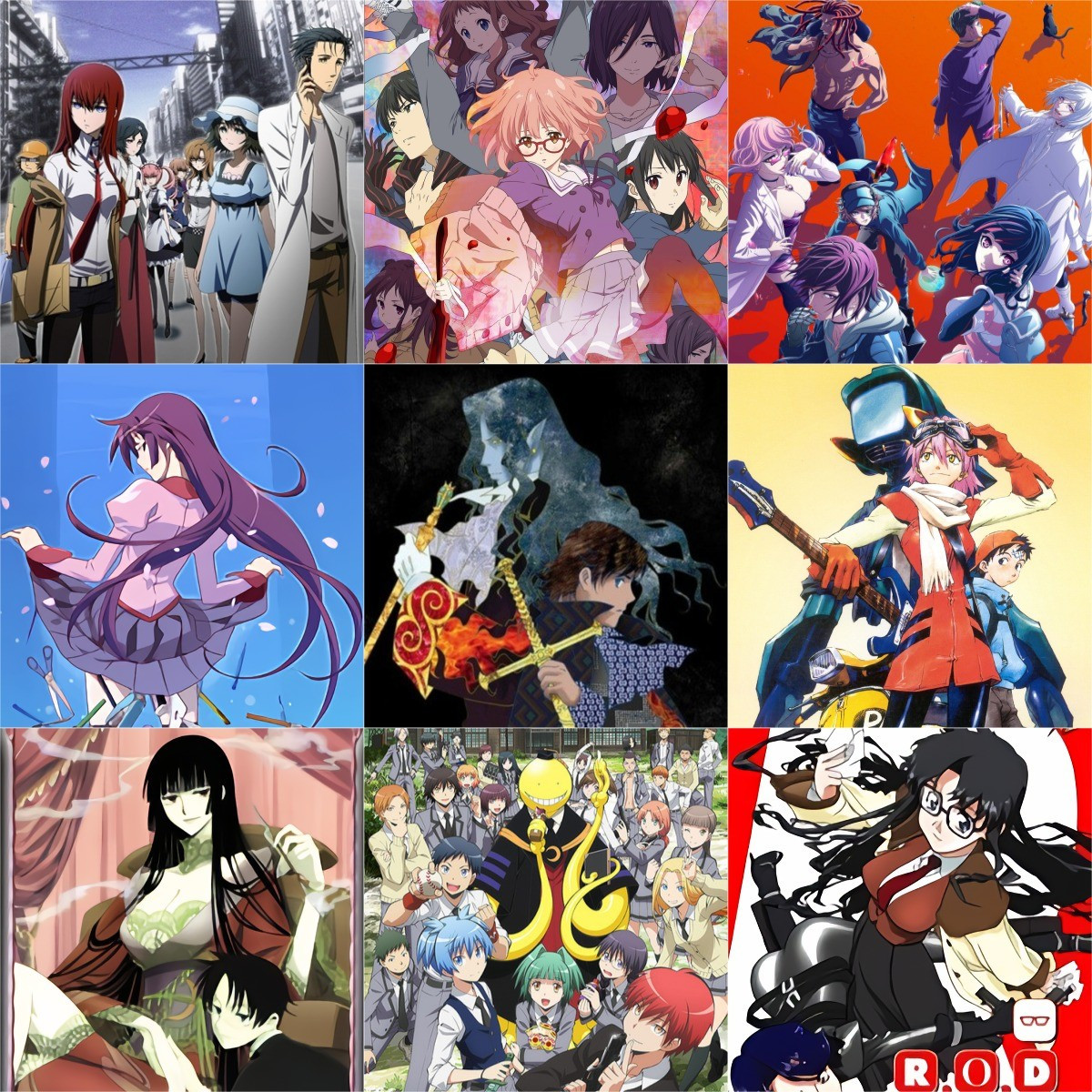 Grid of 9 anime screen grabs from upper left to lower right:
Steins;gate, Beyond the Boundary, Akudama Drive, Bakemonogatari, Gankutsuou: The Count of Monte Cristo, FLCL, XXXHolic, Assassination Classroom, Read or Die.