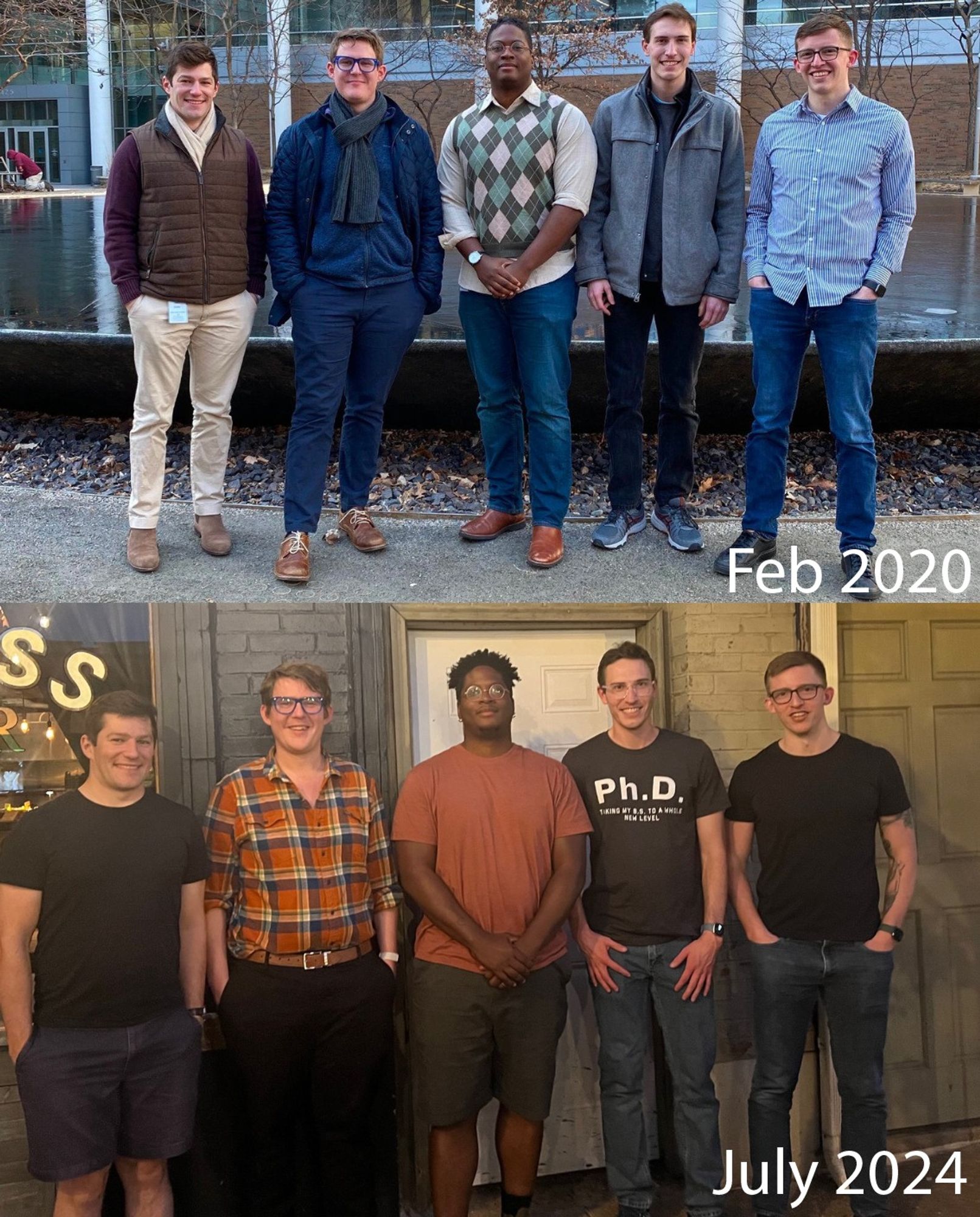 Two pictures, one from Feb. 2020, the other July 2024, showing the first four graduate students in the Holehouse lab and now four doctors.