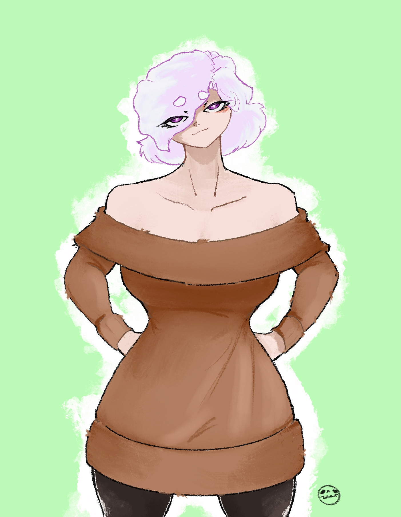 Cute tall lady with lavender hair wearing a brown dress-sweater.