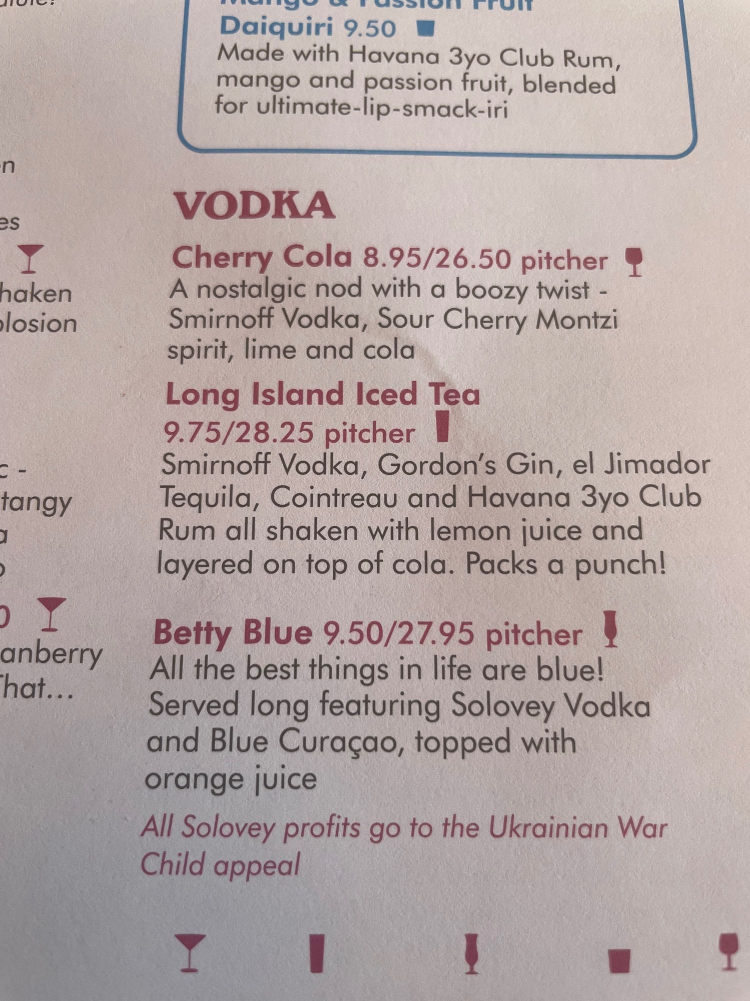 Vodka pitcher menu.