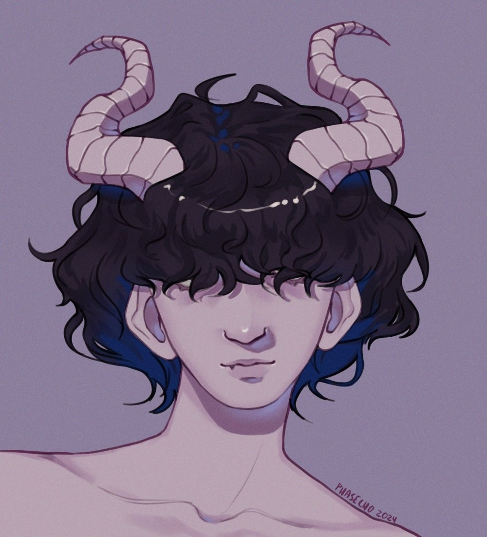 digital portrait: portrait of a character with long black bangs covering their eyes. they also have large horns and a small fang.