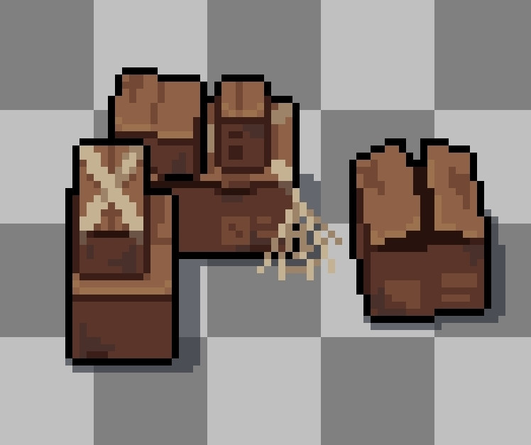 pixel art: screenshot of a sprite, some stacked boxes. they are slightly dirty and one of the boxes is covered in a spider web.