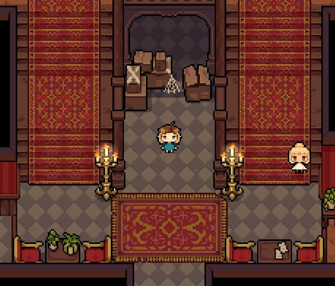 pixel art: screenshot of a game, a player stands in the middle of a room. there are large staircases on each side of the room. there are red carpets and golden accents.