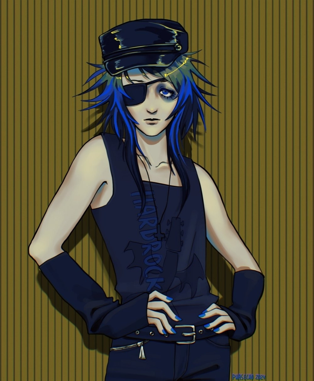 digital art: half-body of a visual-kei style person. they're looking forward with their hands on their hips