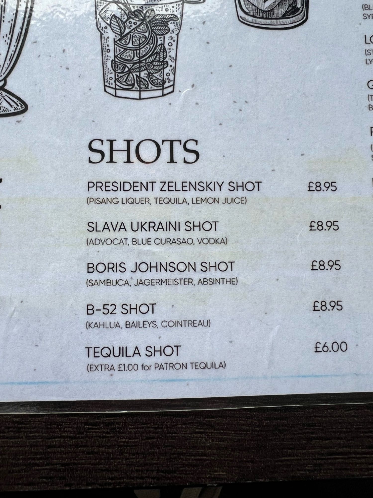 Shots menu including a President Zelenskiy shot, a Slava Ukraini shot and a Boris Johnson shot (sambuca, jager and absinthe)