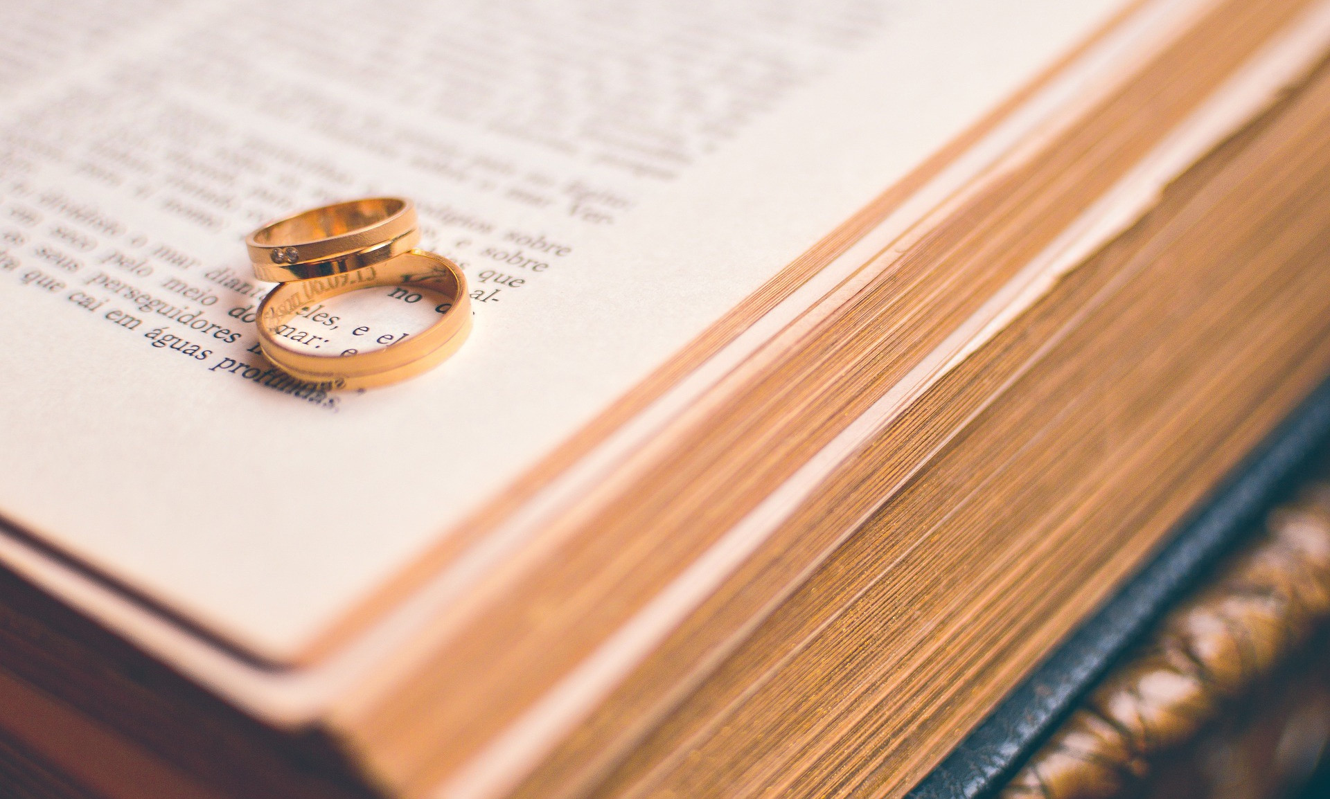 Image of two gold wedding bands on top of an open book.