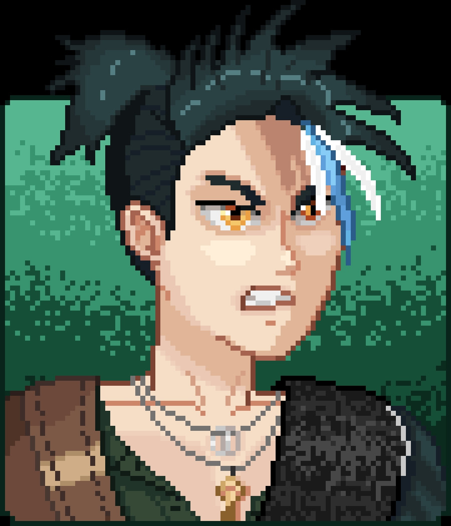 16 bit pixel art portrait of Errol Venn. Green hair pulled back in a ponytail, gold eyes, green shirt, two necklaces (one holding two rings, the other a gold key). Looking to the side, teeth bared.