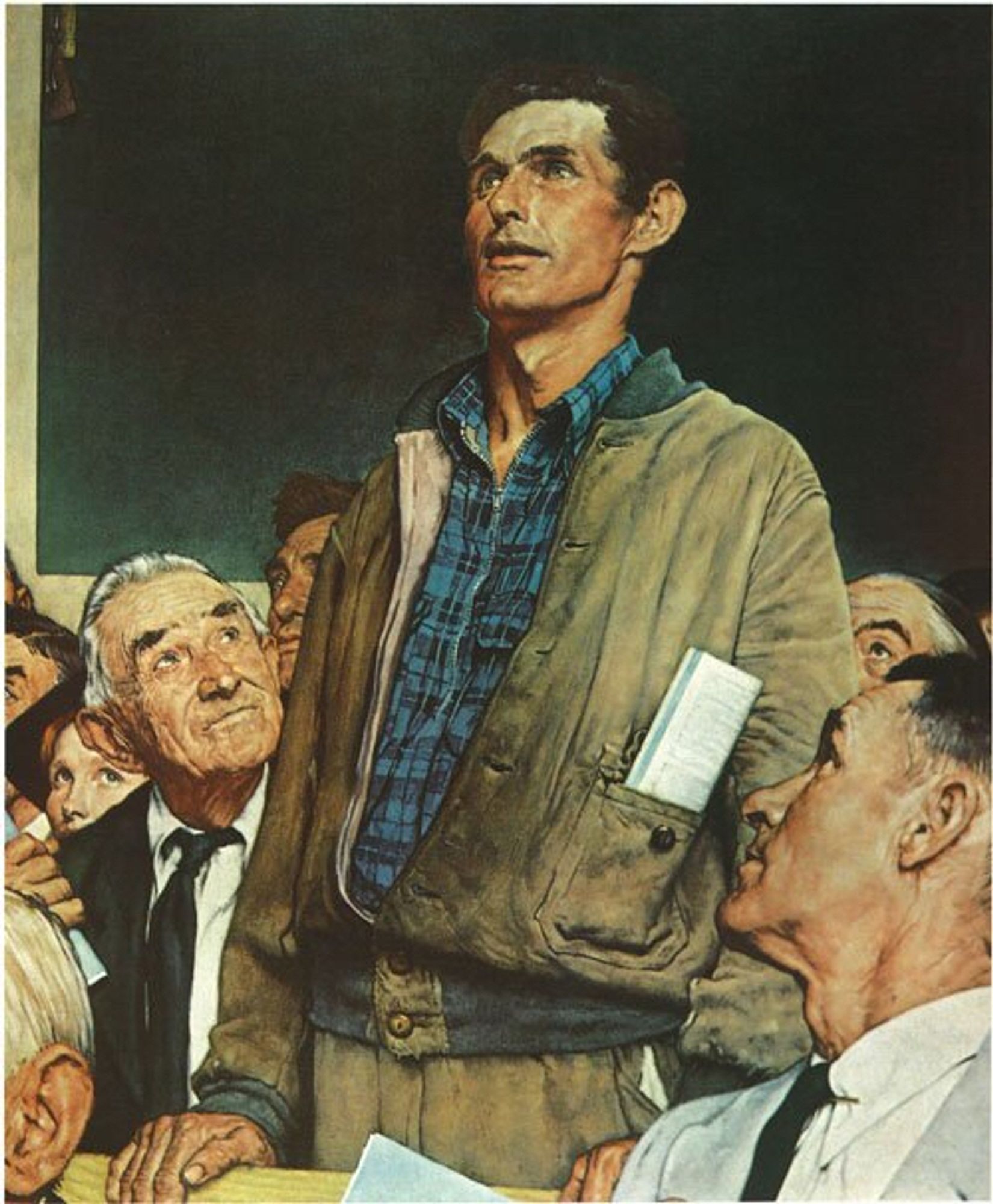 norman rockwell painting of the guy standing up giving a speech with people looking at him