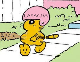 Heathcliff, wearing the pink MEAT helmet, with the text on the helmet replaced with "Lasagna"