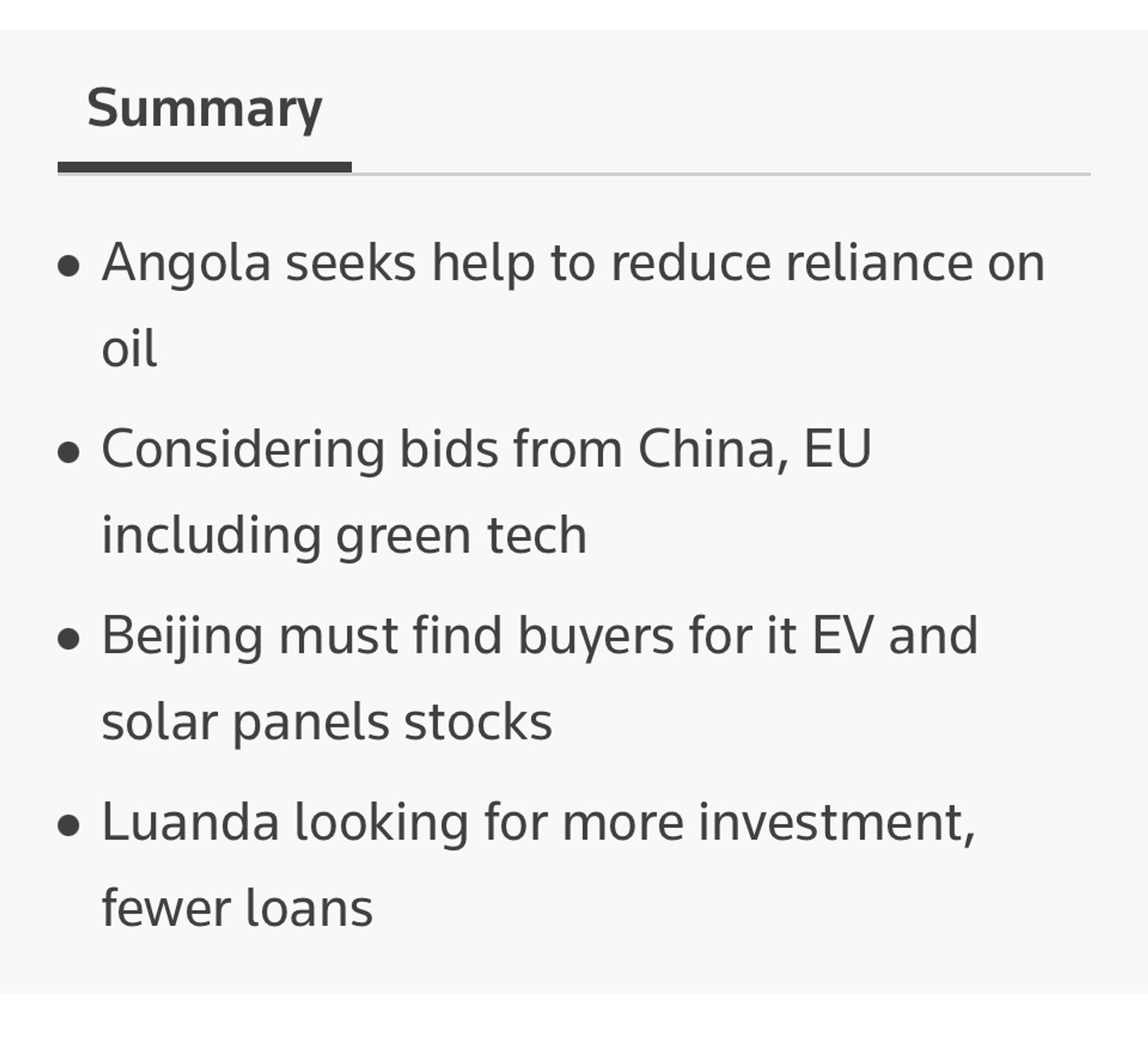 (Screenshot from Reuters)

Summary
- Angola seeks help to reduce reliance on oil
- Considering bids from China, EU including green tech
- Beijing must find buyers for it EV and solar panels stocks
- Luanda looking for more investment, fewer loans