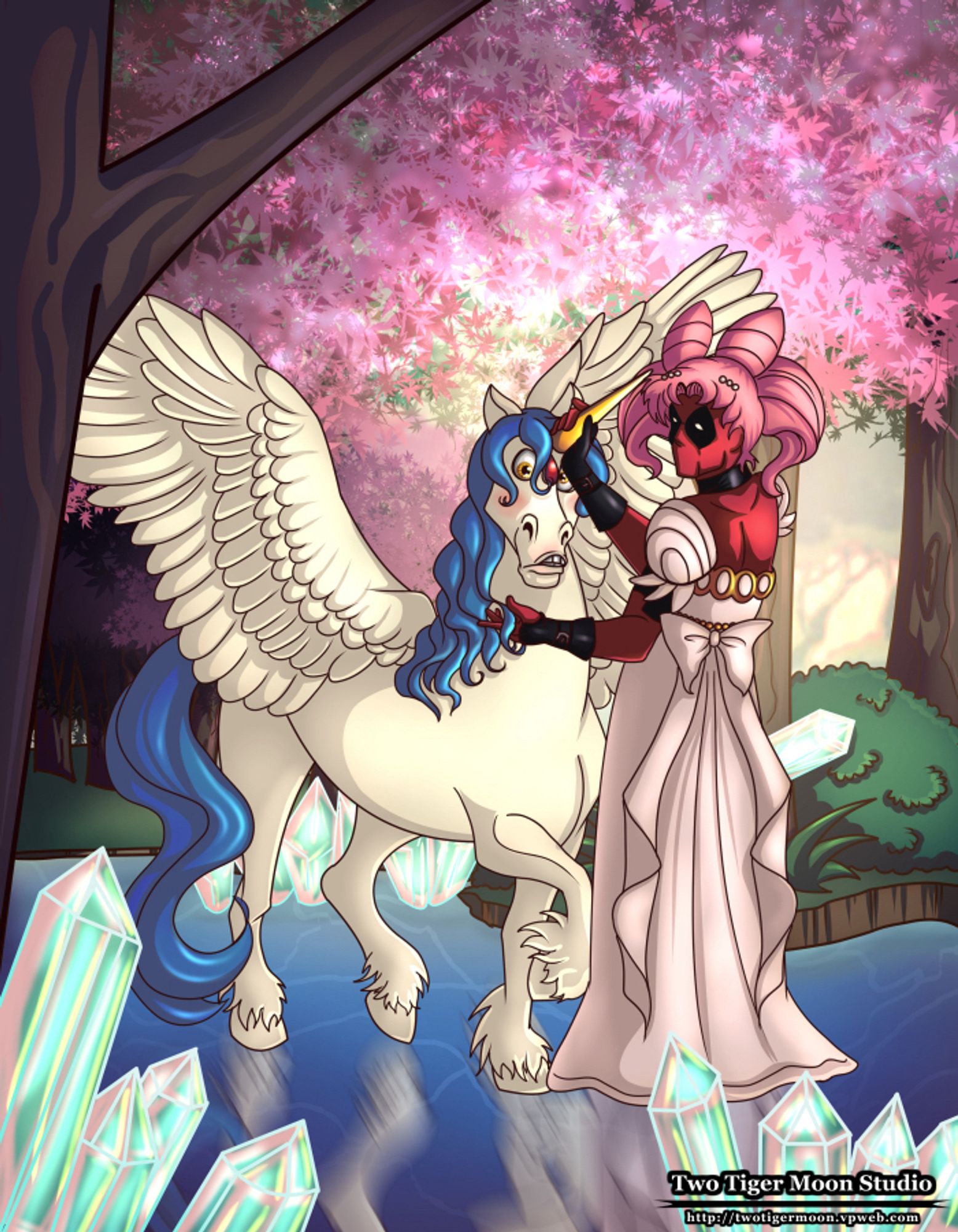 Deadpool dressed up as Princess Small Lady Serenity giving a feel to Helios in the Crystal Song Woods.