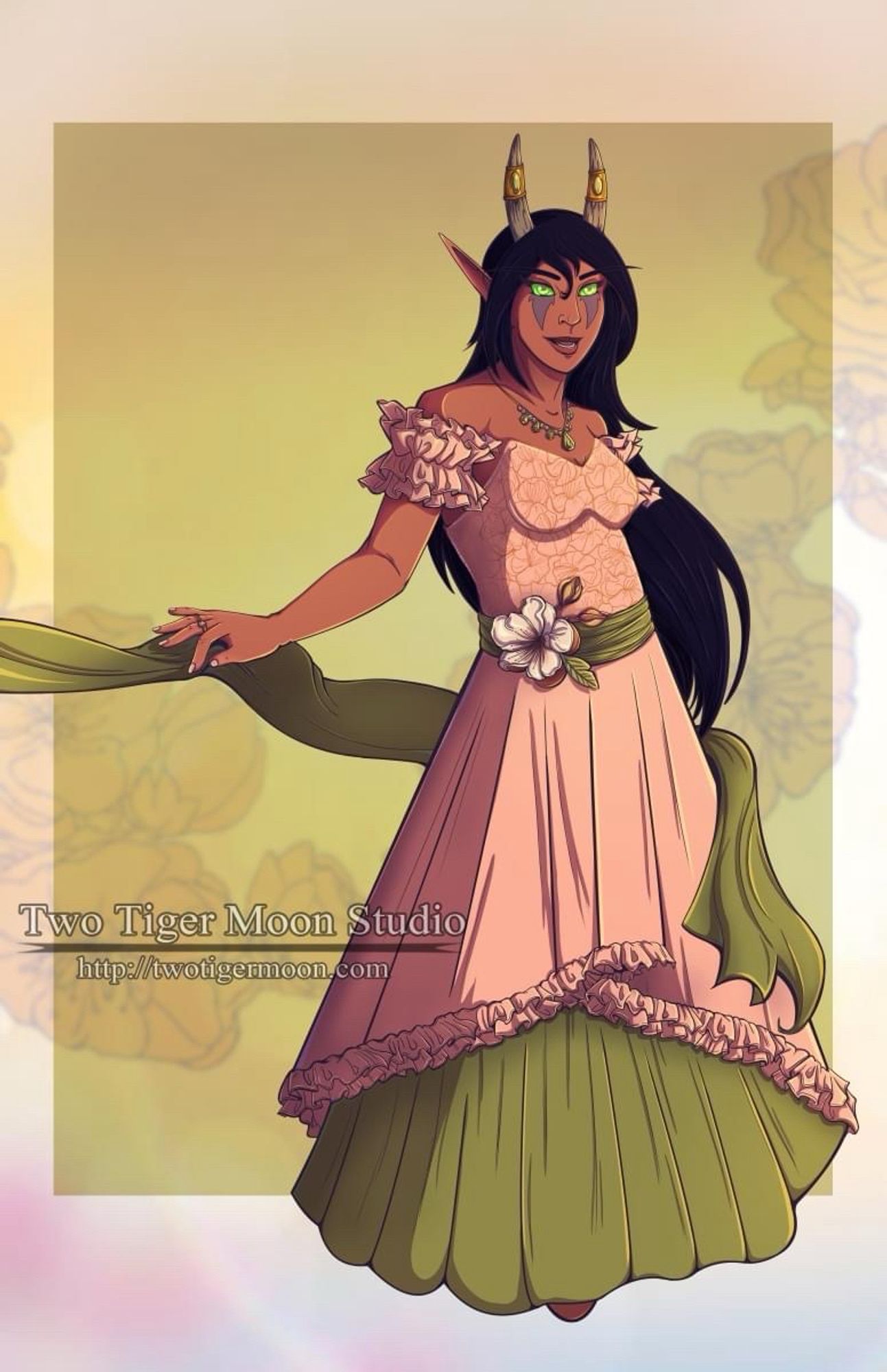 My OC Zyndarin who is an elven warlock dressed in her spring finest, a dress adorned with peach flowers.